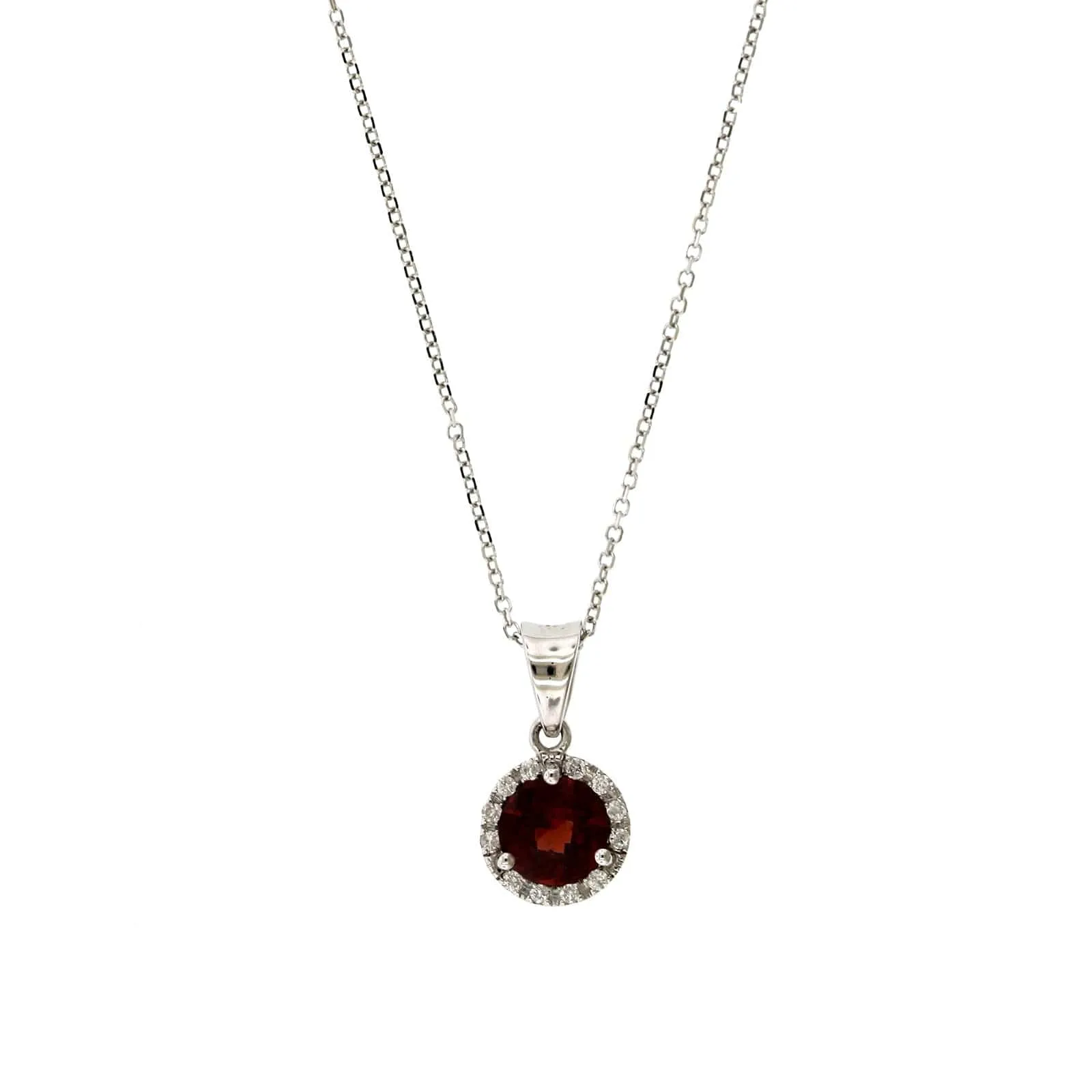 14K White Gold Round Garnet Diamond Halo Necklace