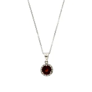 14K White Gold Round Garnet Diamond Halo Necklace