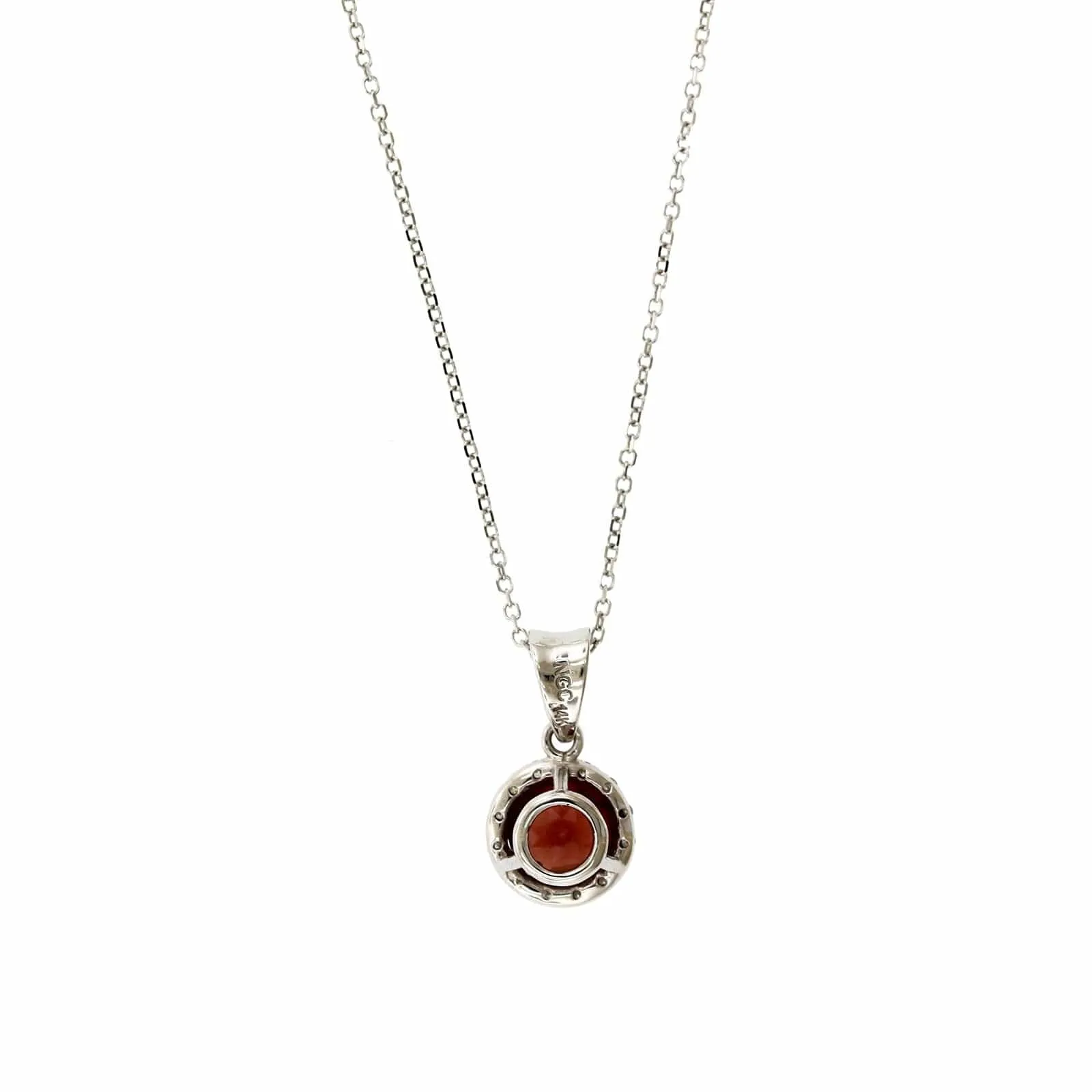 14K White Gold Round Garnet Diamond Halo Necklace