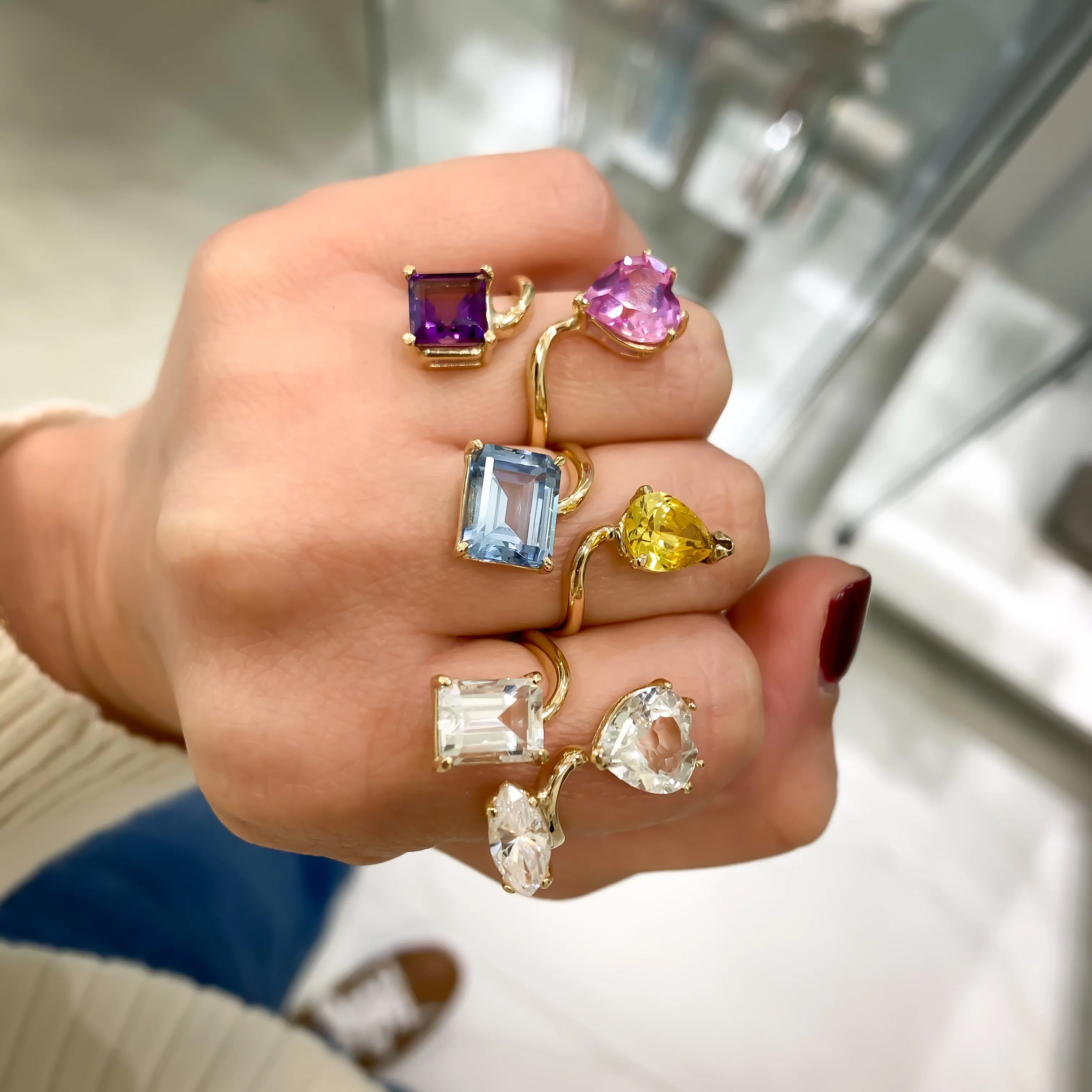 14K Yellow Gold Pink Heart and Amethyst Princess Cut Gemstones Adjustable Ring