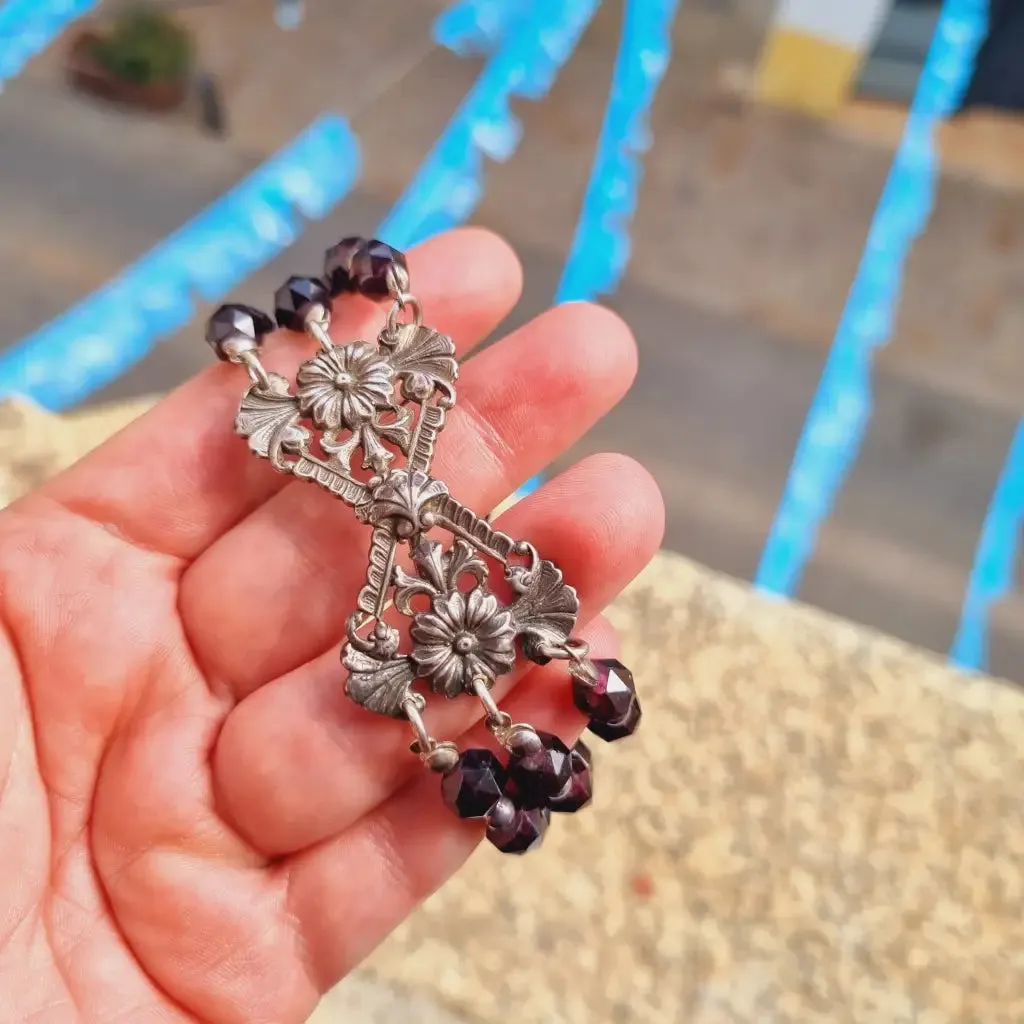 Antique silver modernist bracelet, floral motif and garnet glass beads.