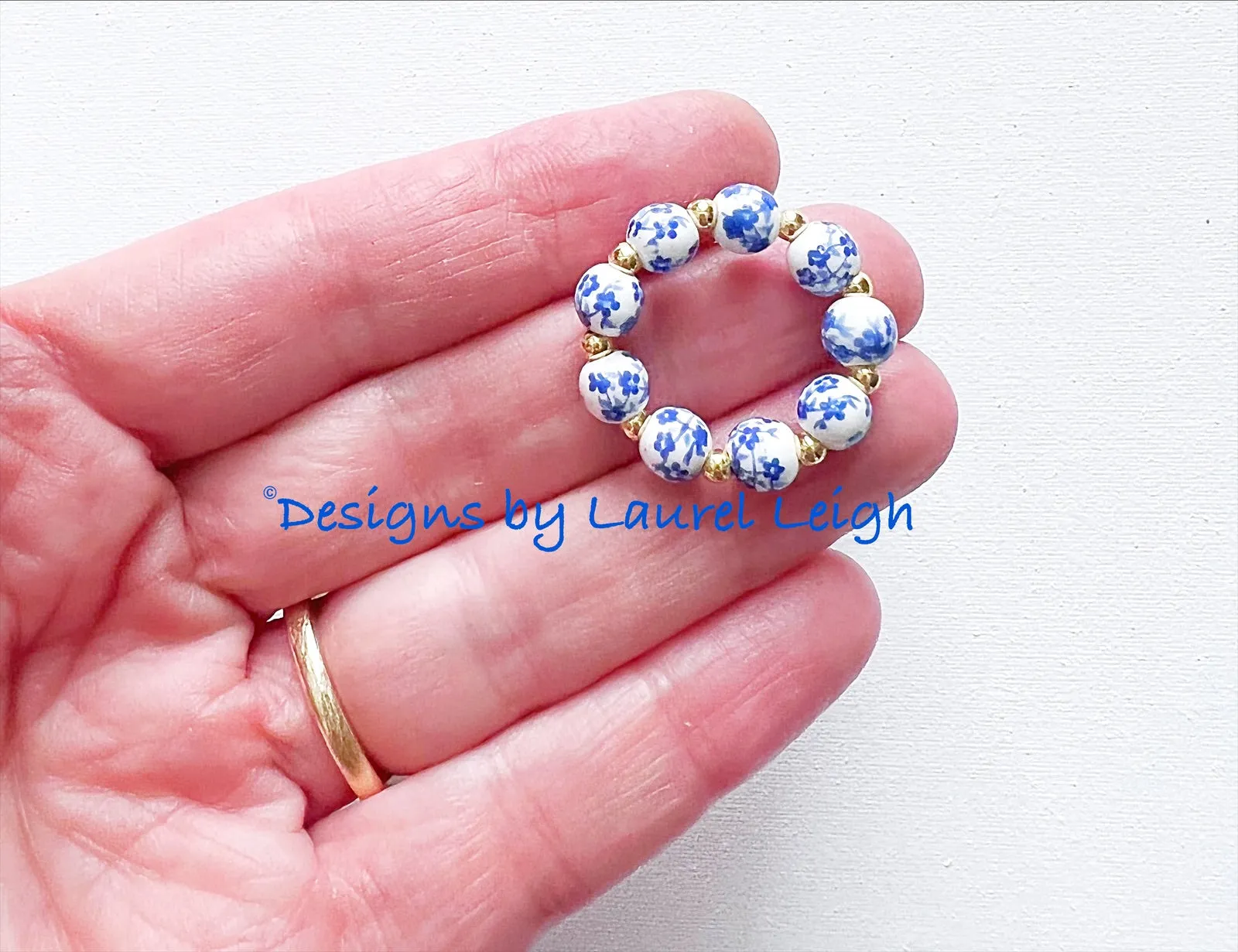 Blue & White Chinoiserie Floral Beaded Ring