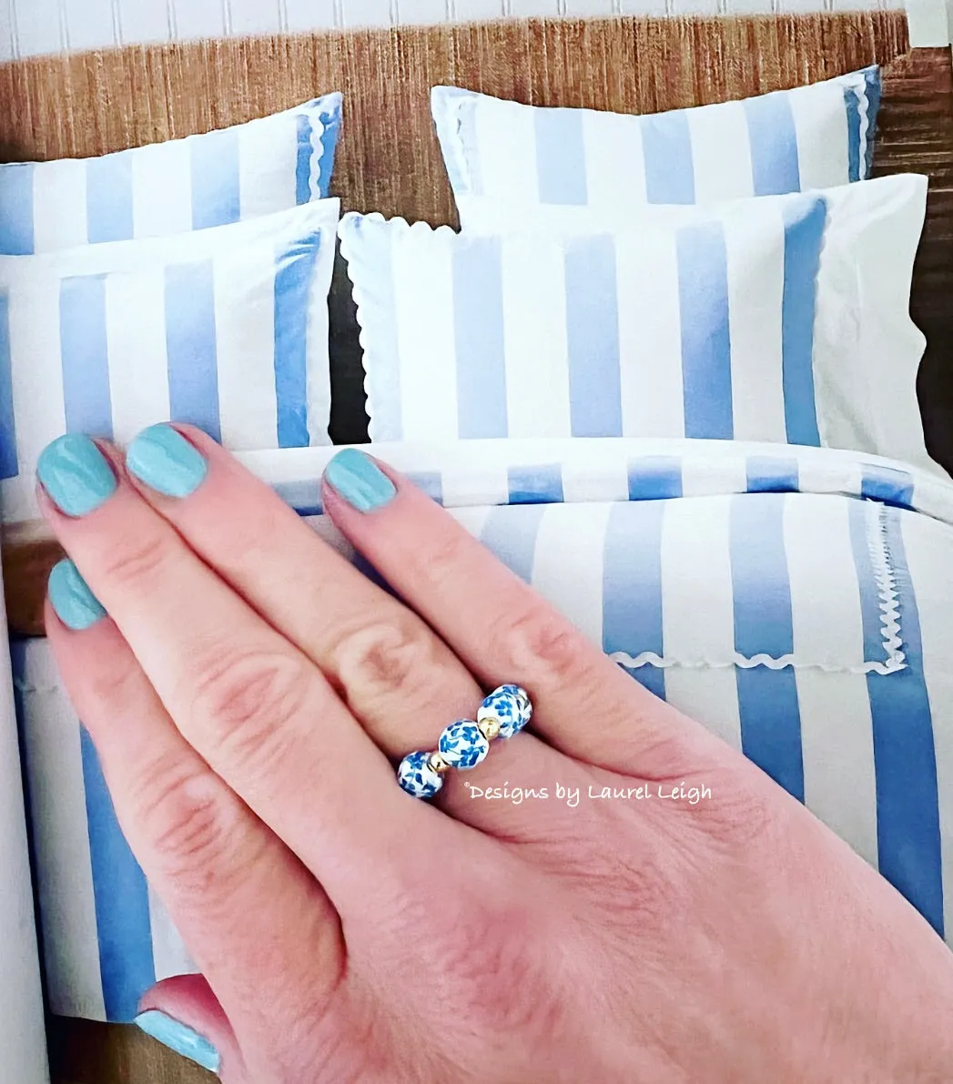 Blue & White Chinoiserie Floral Beaded Ring