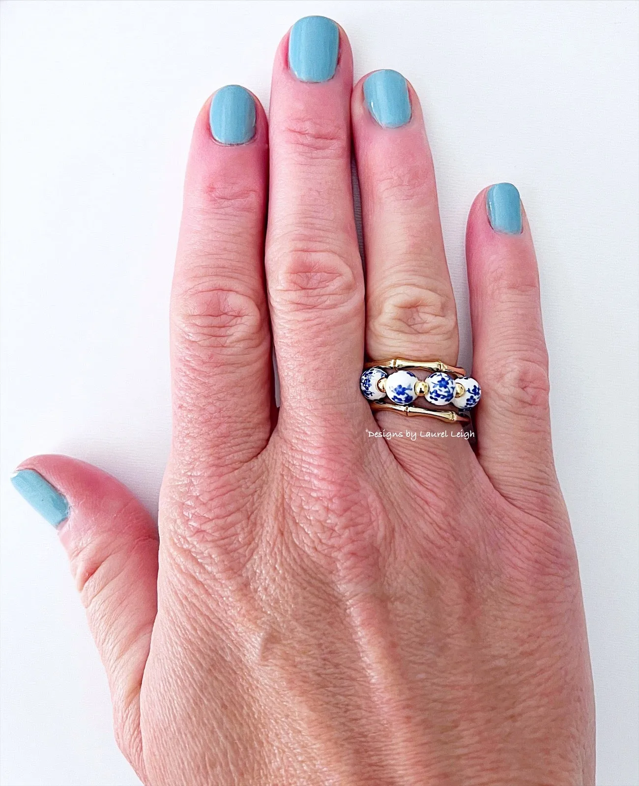 Blue & White Chinoiserie Floral Beaded Ring