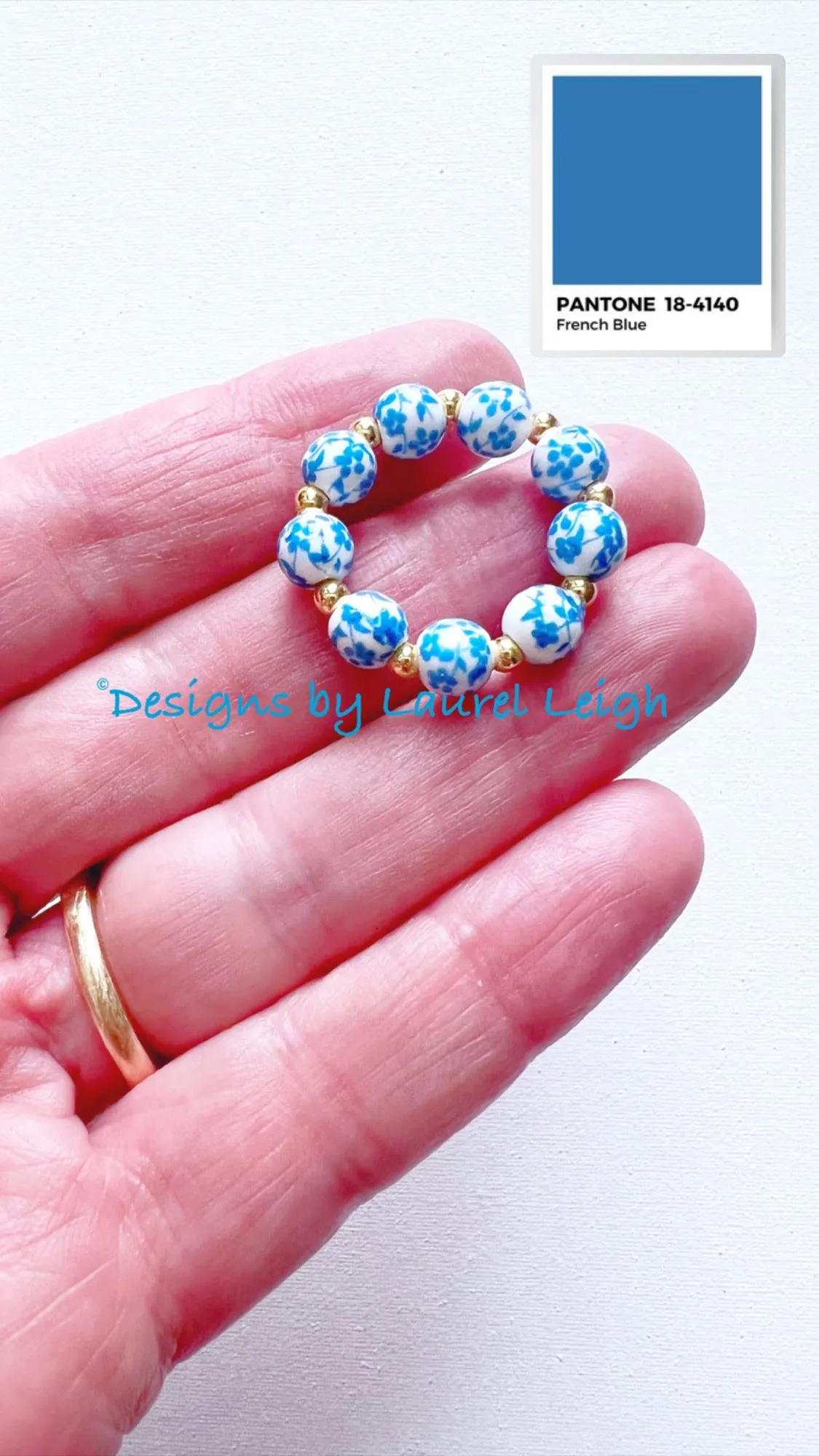 Blue & White Chinoiserie Floral Beaded Ring