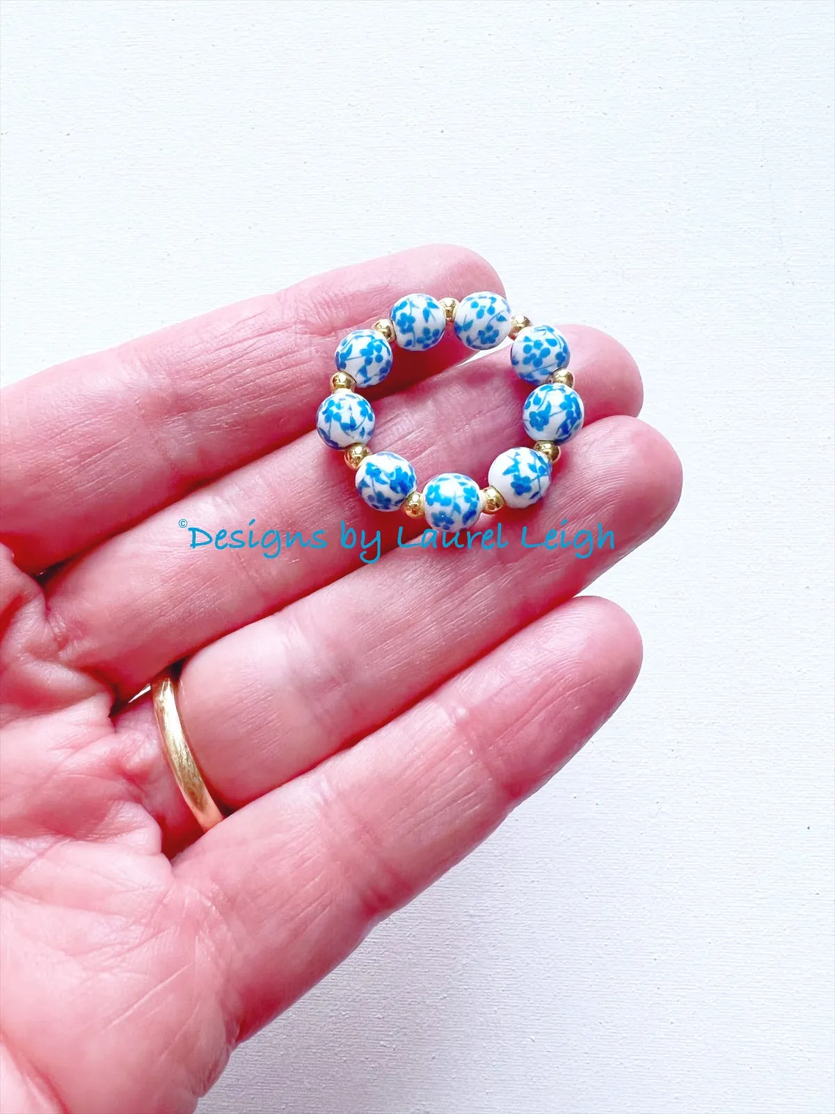 Blue & White Chinoiserie Floral Beaded Ring