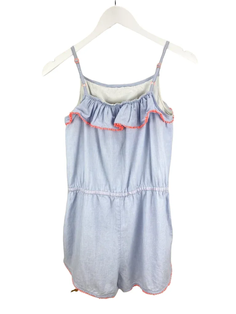 Boden, Girls' Ruffle Romper, Light Blue/Coral, Size 13-14Y