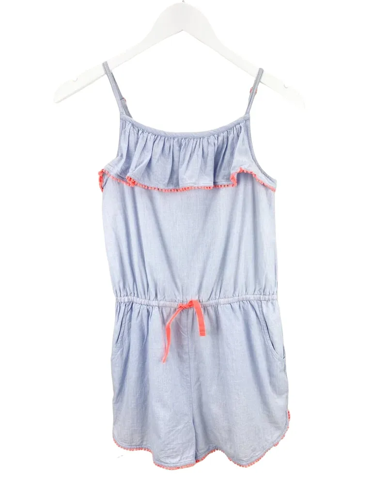 Boden, Girls' Ruffle Romper, Light Blue/Coral, Size 13-14Y