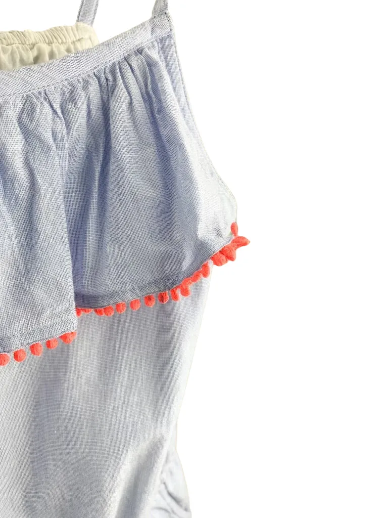 Boden, Girls' Ruffle Romper, Light Blue/Coral, Size 13-14Y