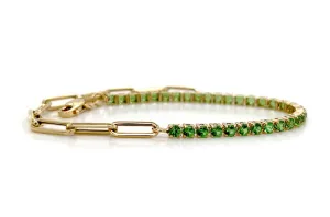Bracelet 14kt Gold Half Paperclip & Half Tsavorites Tennis