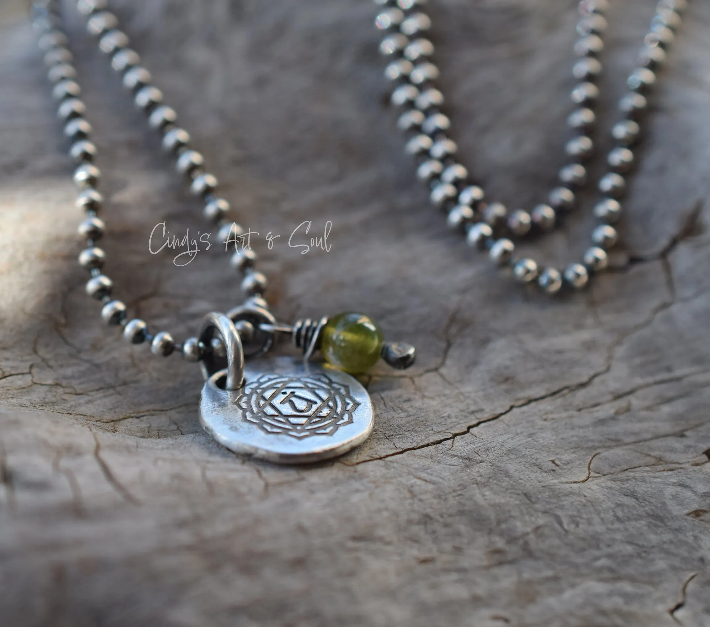 Chakra Charm Necklace Handcrafted Heart Chakra and Garnet Gemstone Sterling SIlver Bead Chain