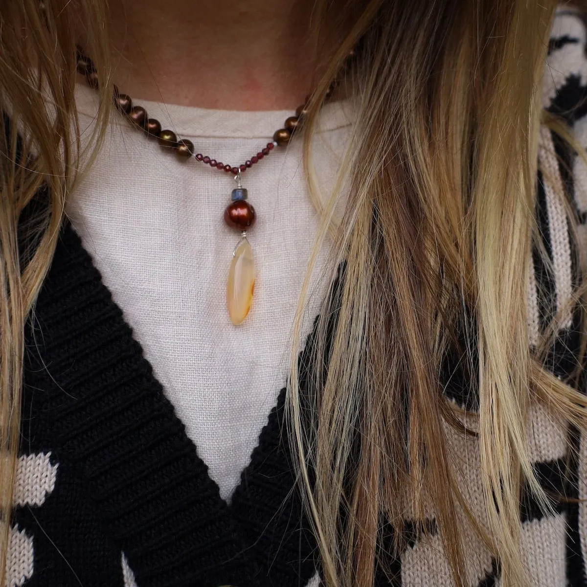 Copper Pearl with Agate Drop Necklace