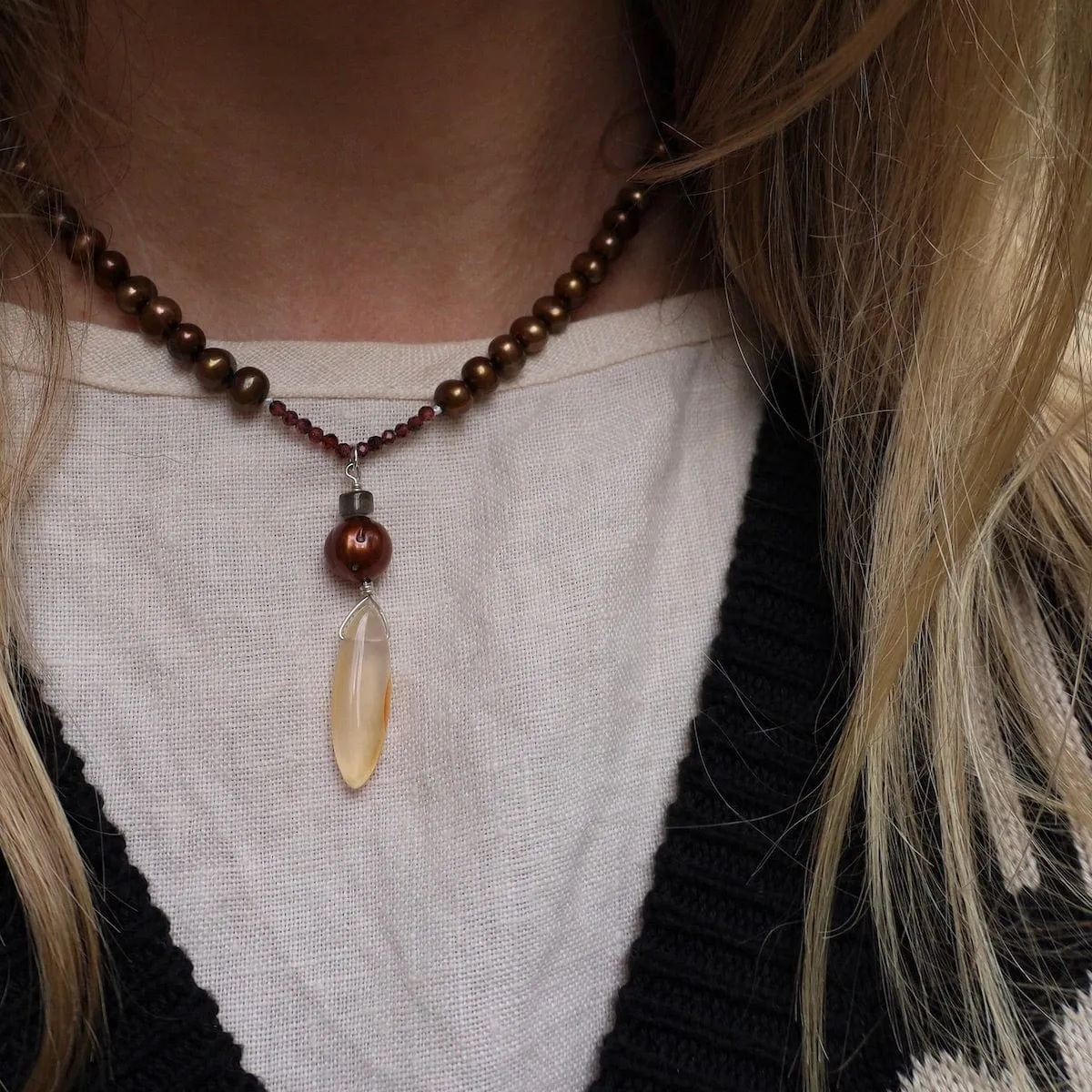Copper Pearl with Agate Drop Necklace