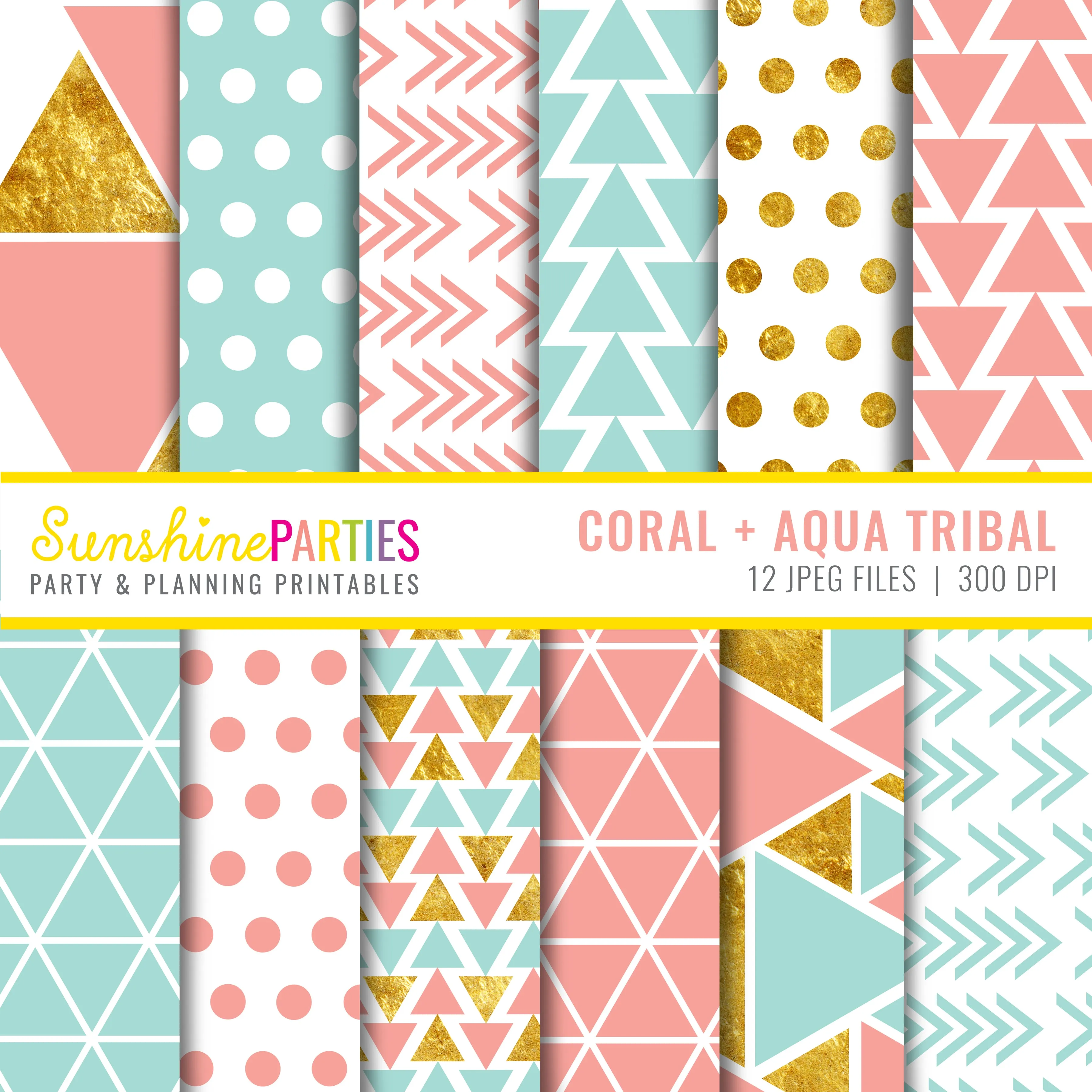 Coral & Aqua Aztec Digital Paper Set | Digital Paper Bundle