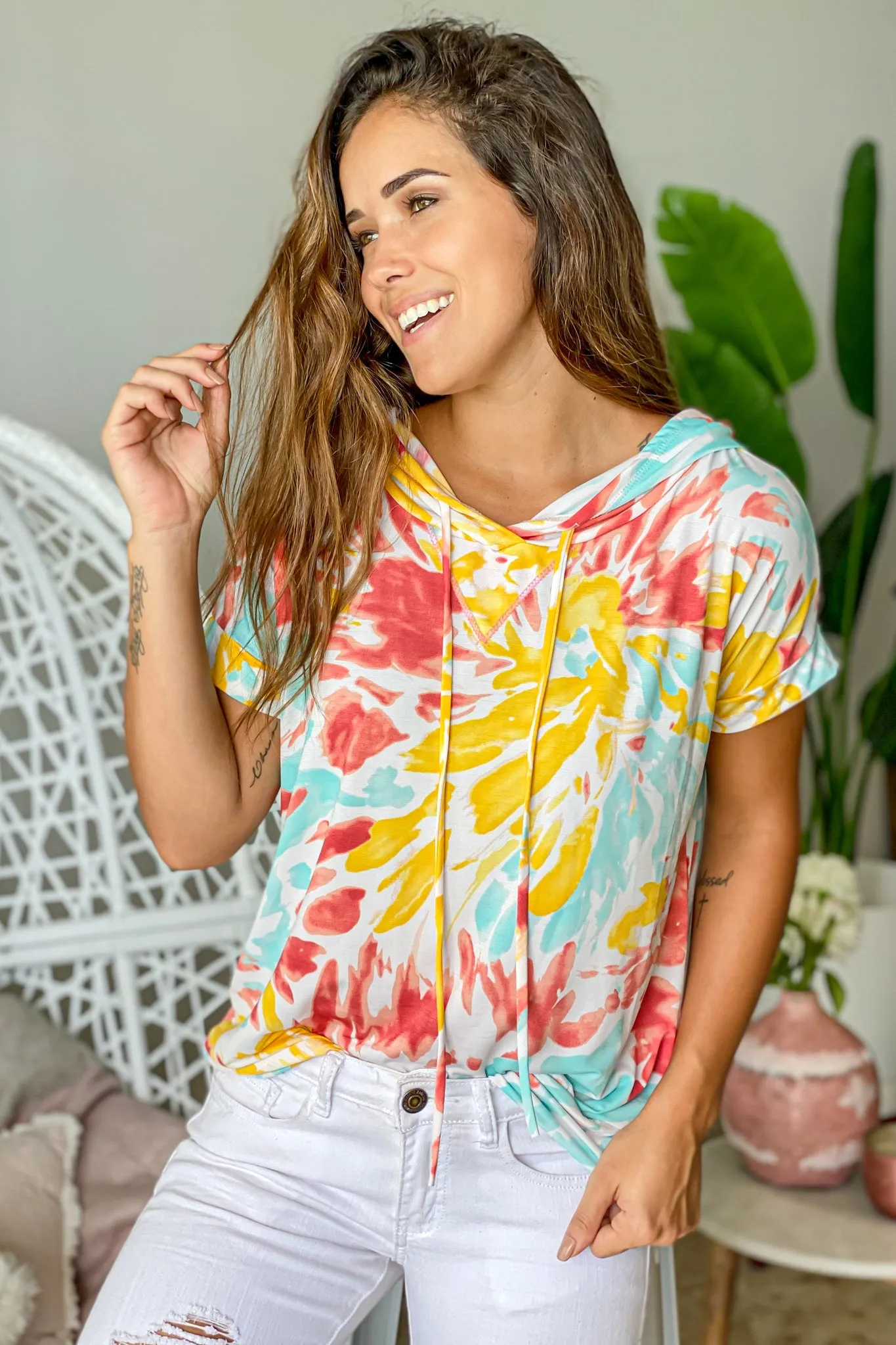 Coral And Lemon Tie Dye Hoodie Top