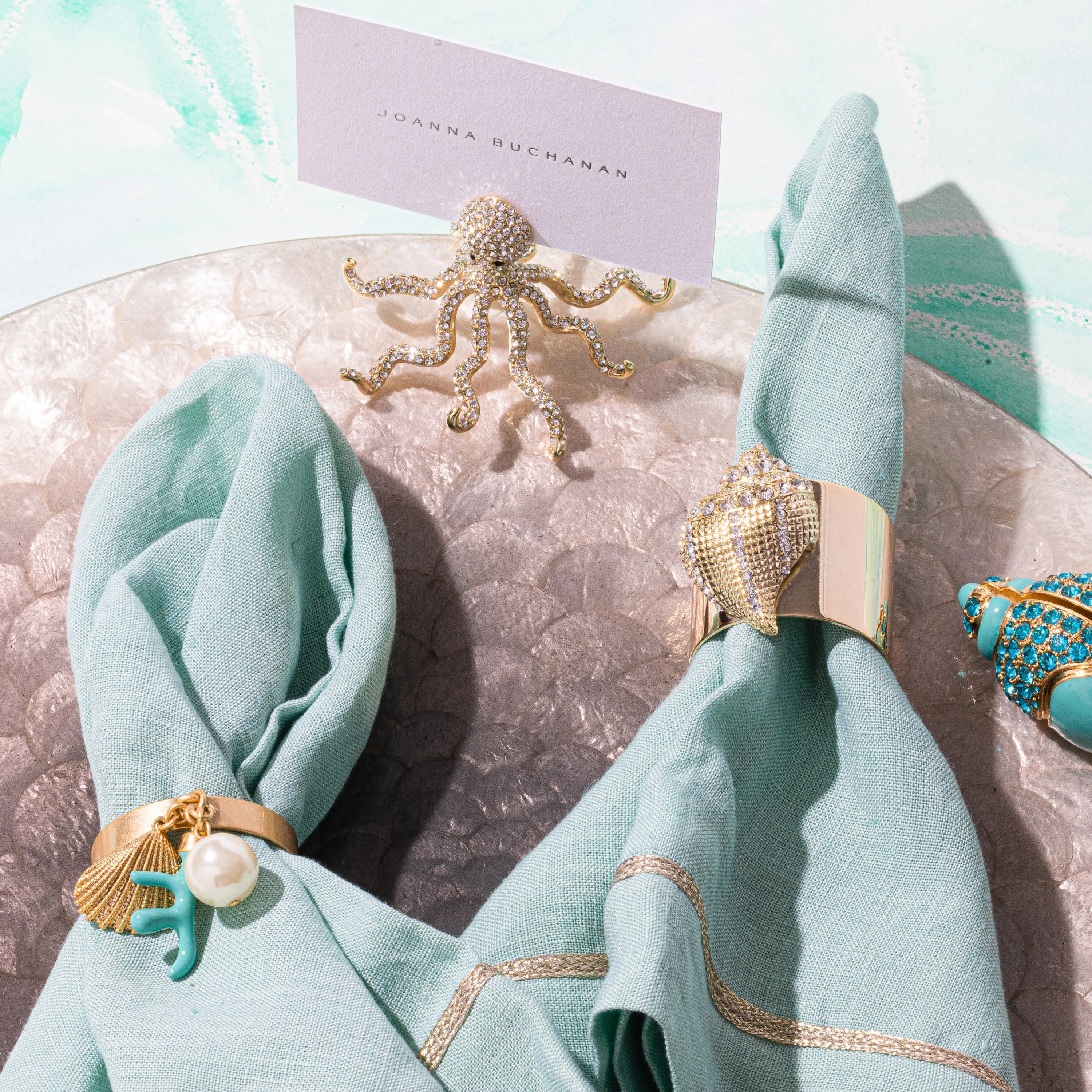 Coral and Shell Skinny Napkins Rings, Turquoise, Set of Four