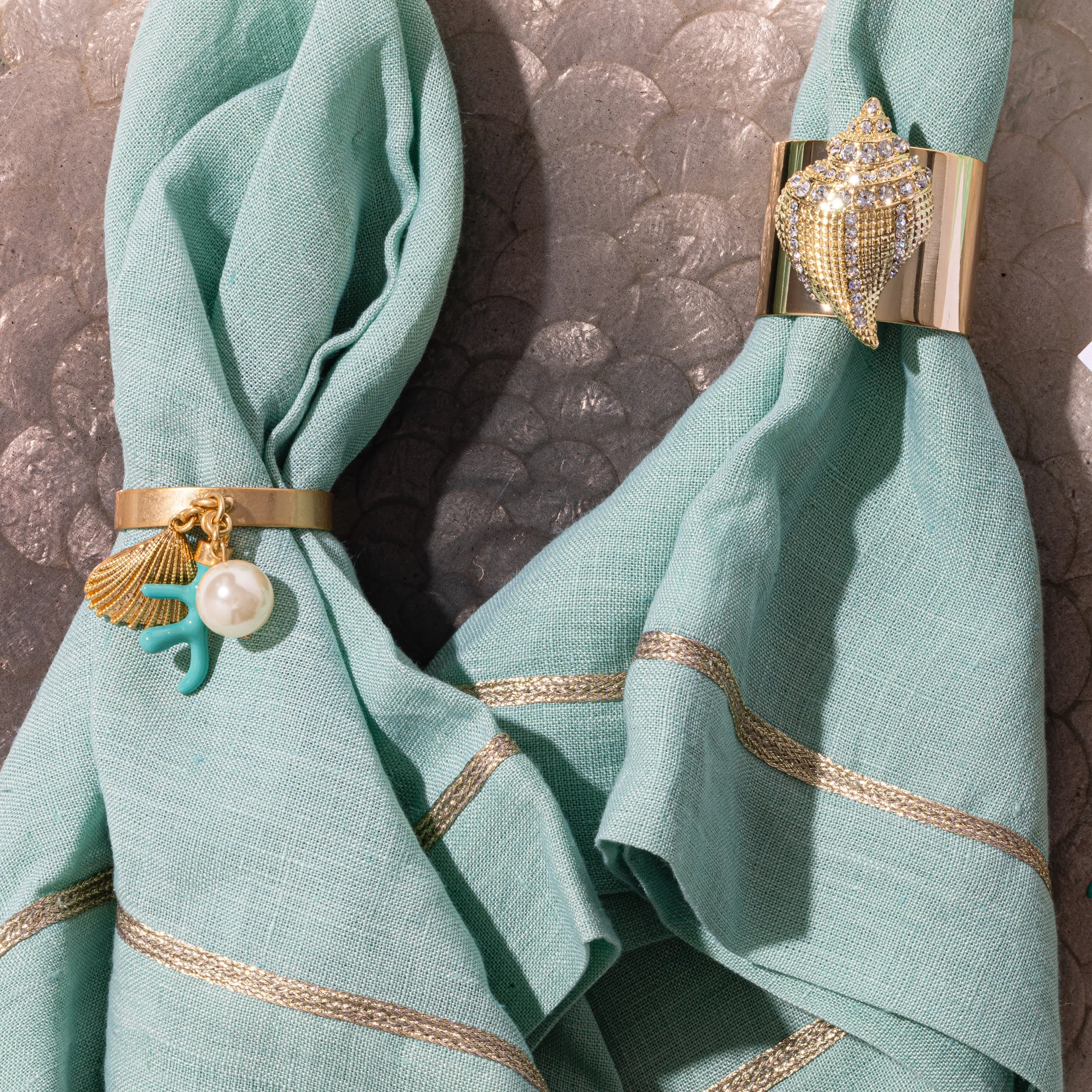Coral and Shell Skinny Napkins Rings, Turquoise, Set of Four