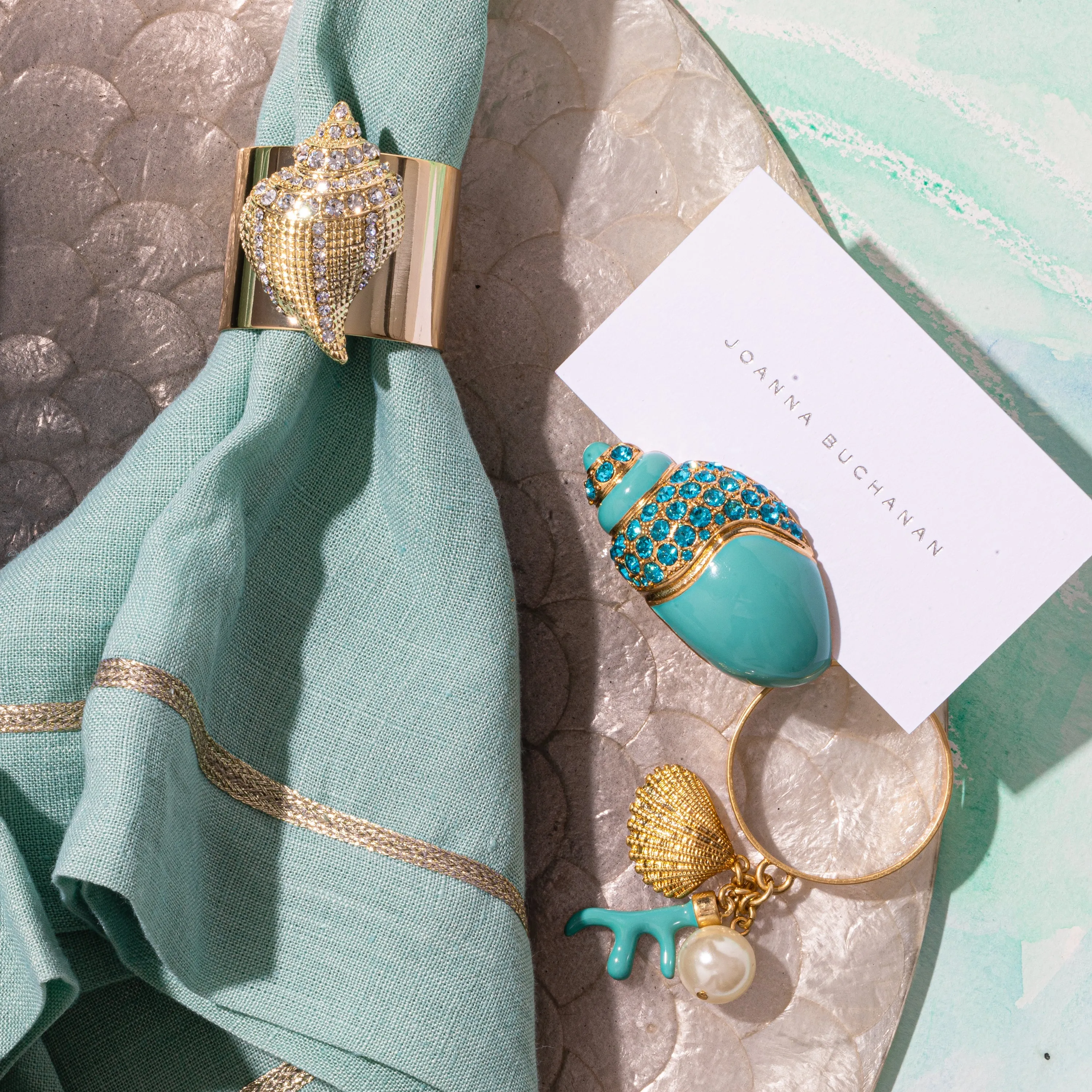 Coral and Shell Skinny Napkins Rings, Turquoise, Set of Four
