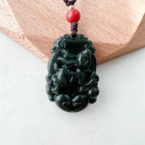 Dark Green Jade, Nephrite Jade, Rabbit Chinese Zodiac Carved Pendant Necklace, RM-1221-1646271830