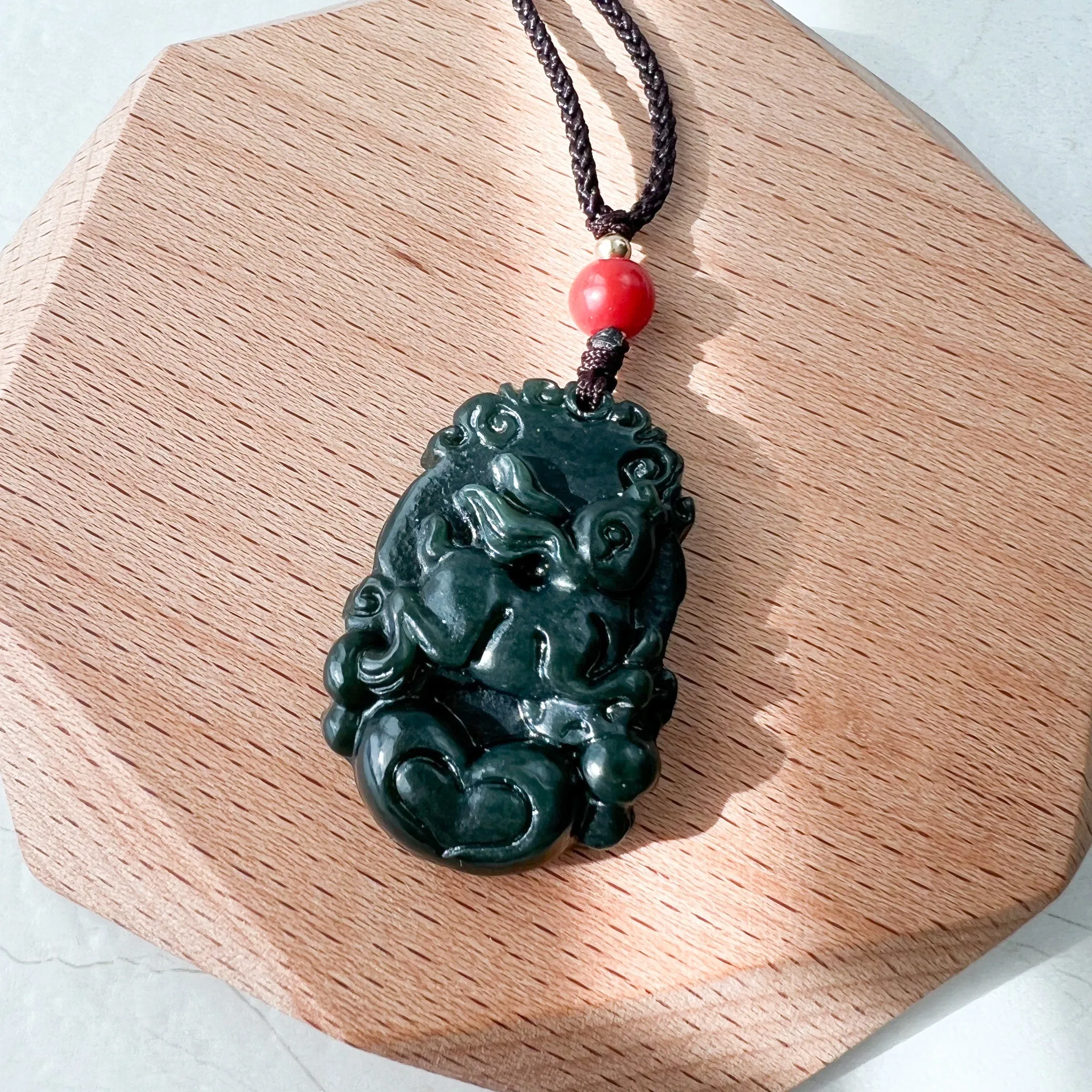 Dark Green Jade, Nephrite Jade, Rabbit Chinese Zodiac Carved Pendant Necklace, RM-1221-1646271830