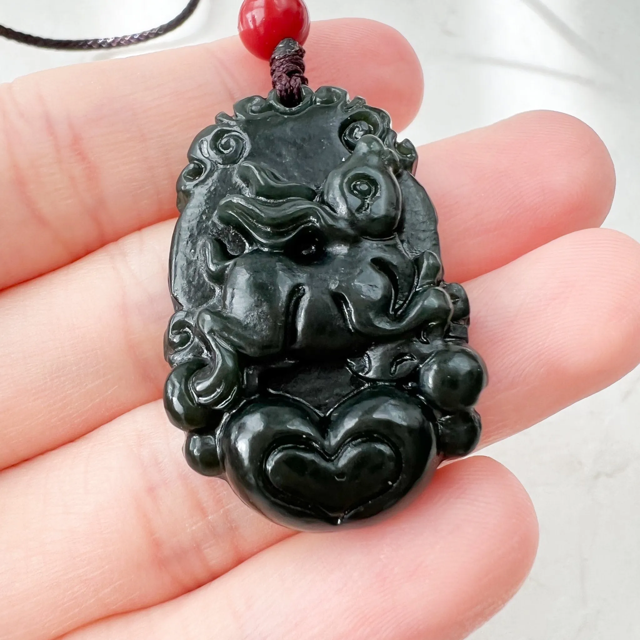 Dark Green Jade, Nephrite Jade, Rabbit Chinese Zodiac Carved Pendant Necklace, RM-1221-1646271830