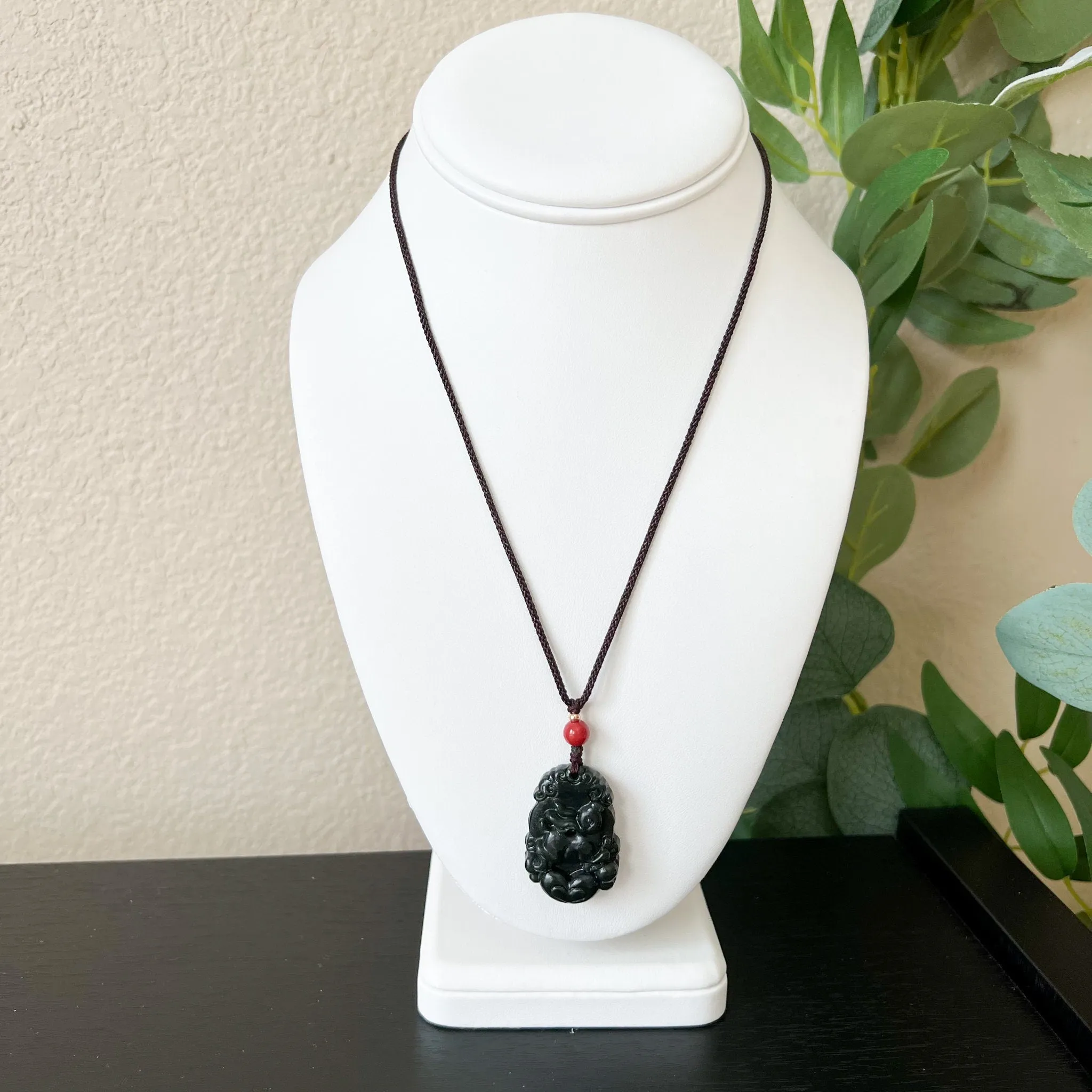 Dark Green Jade, Nephrite Jade, Rabbit Chinese Zodiac Carved Pendant Necklace, RM-1221-1646271830