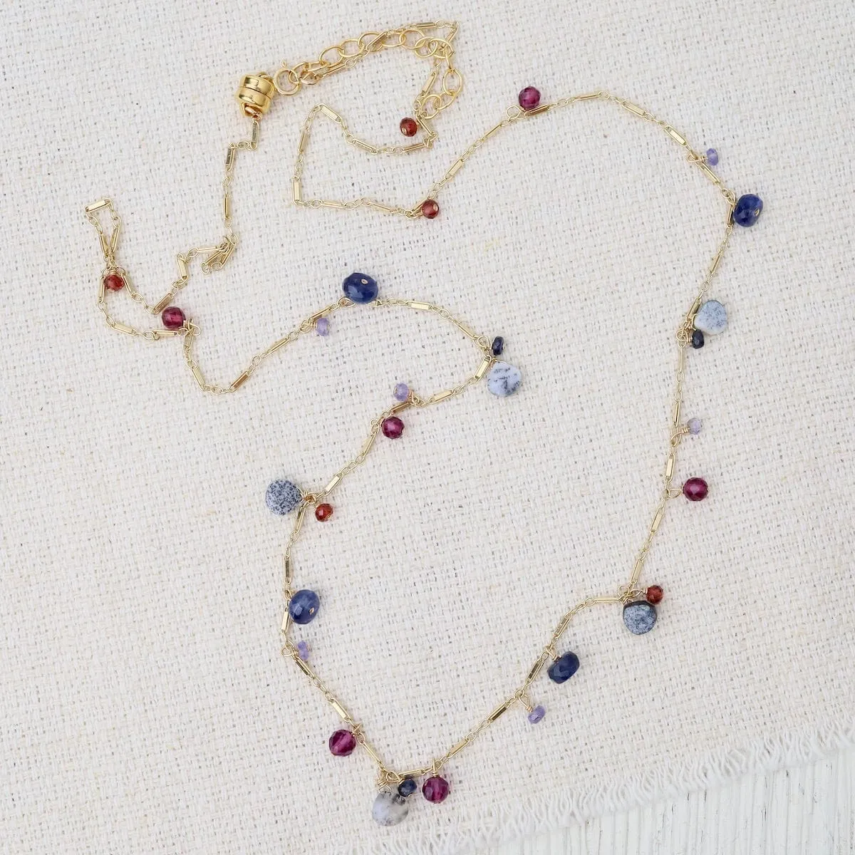 Dendritic Opal, Garnet, Sapphire Mix Long Necklace