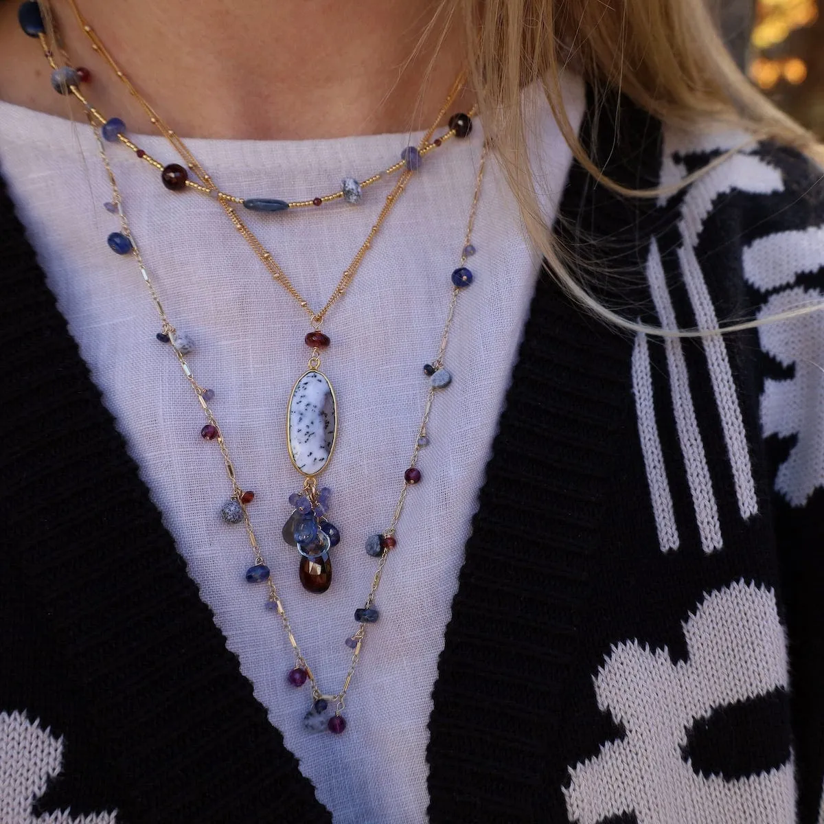 Dendritic Opal, Garnet, Sapphire Mix Long Necklace