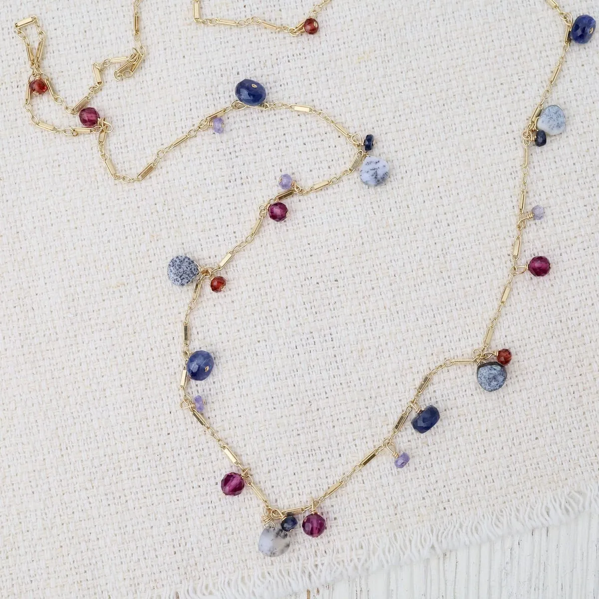Dendritic Opal, Garnet, Sapphire Mix Long Necklace