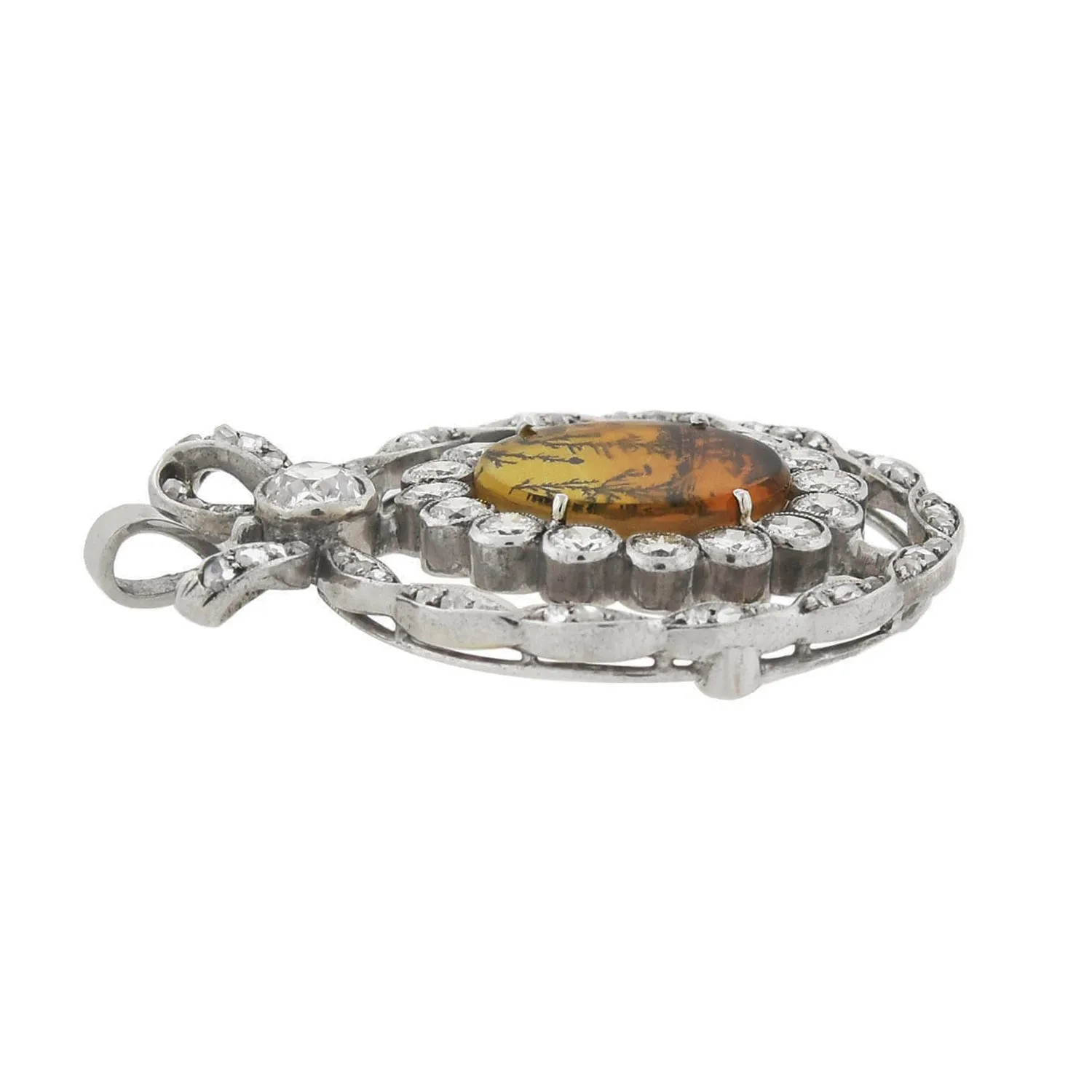 Edwardian Platinum Moss Agate   Diamond Bow Pendant 2.45ctw