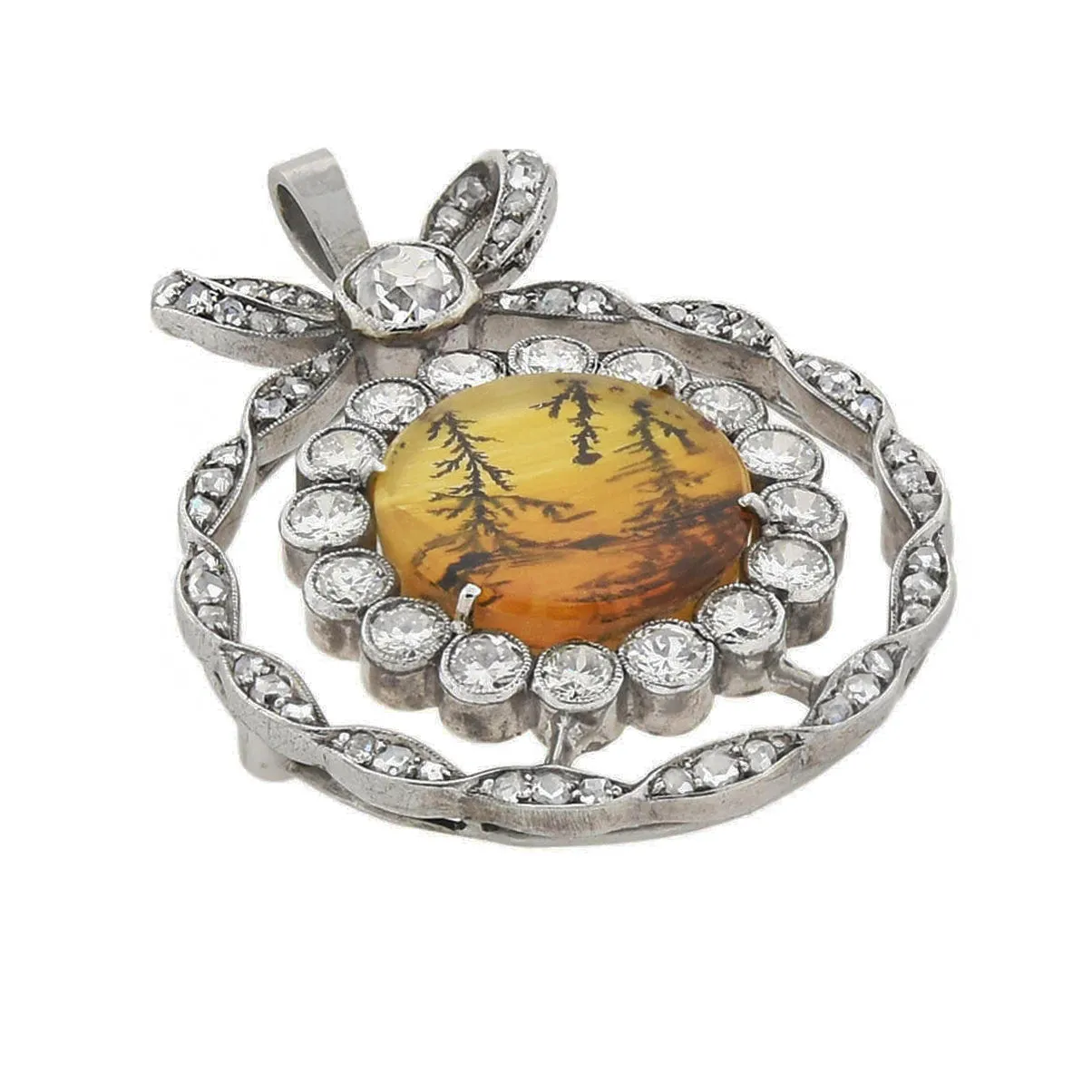 Edwardian Platinum Moss Agate   Diamond Bow Pendant 2.45ctw