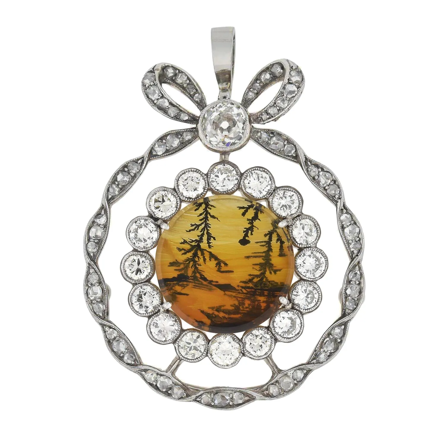 Edwardian Platinum Moss Agate   Diamond Bow Pendant 2.45ctw