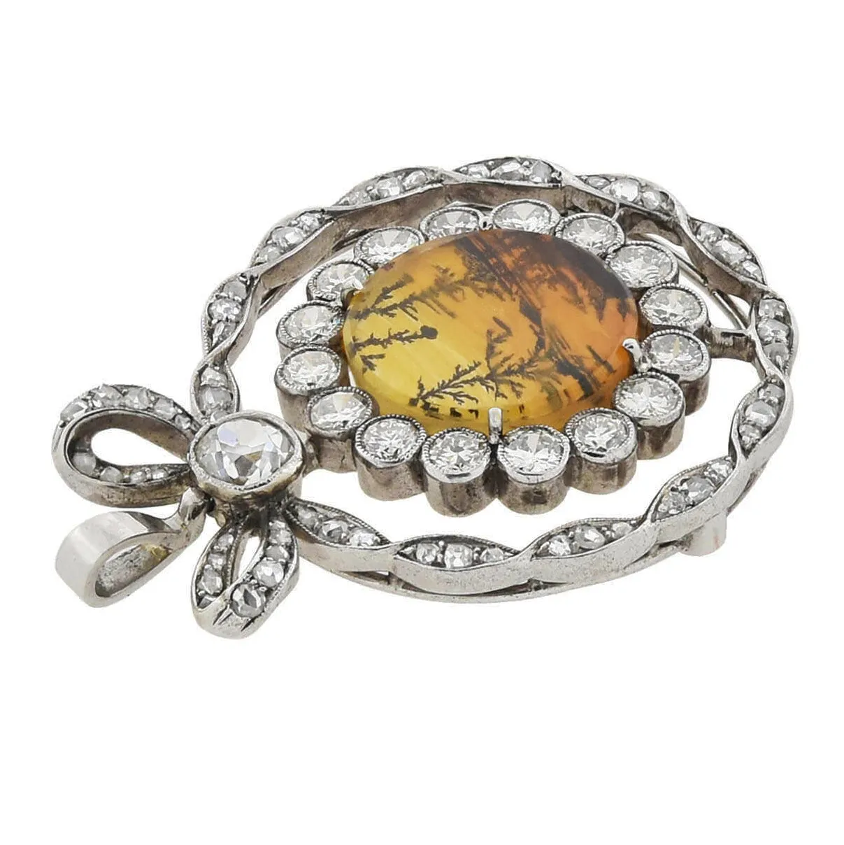 Edwardian Platinum Moss Agate   Diamond Bow Pendant 2.45ctw