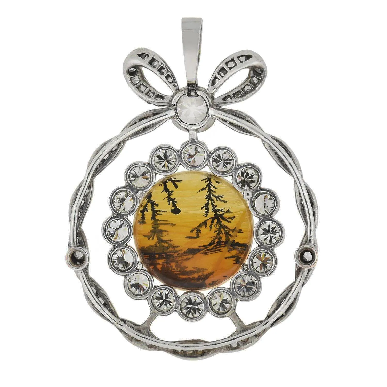 Edwardian Platinum Moss Agate   Diamond Bow Pendant 2.45ctw