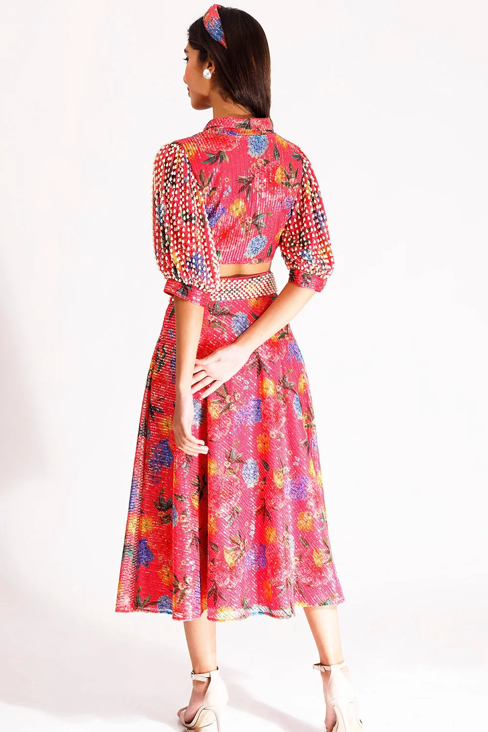 Embroidered Coral Skirt Set In Net & Satin