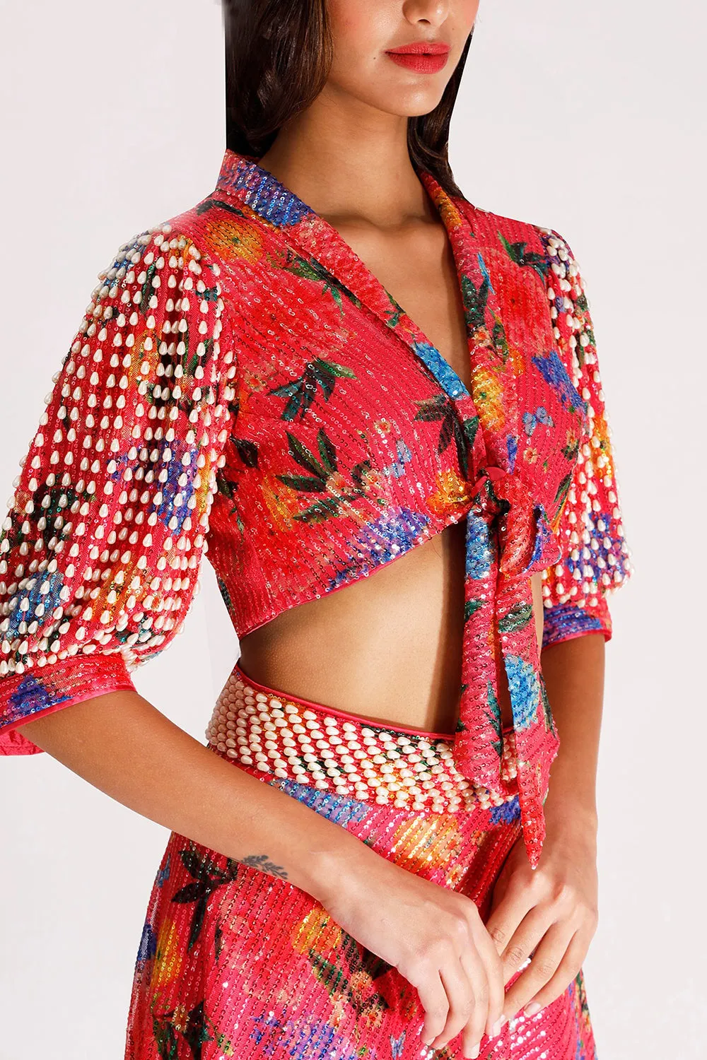 Embroidered Coral Skirt Set In Net & Satin