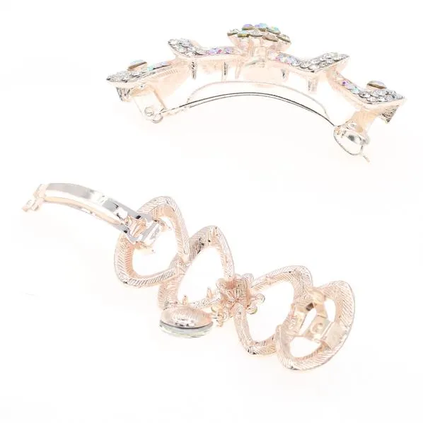 Gold Finish Rhinestone Hair Barrette Bow with Teardrop