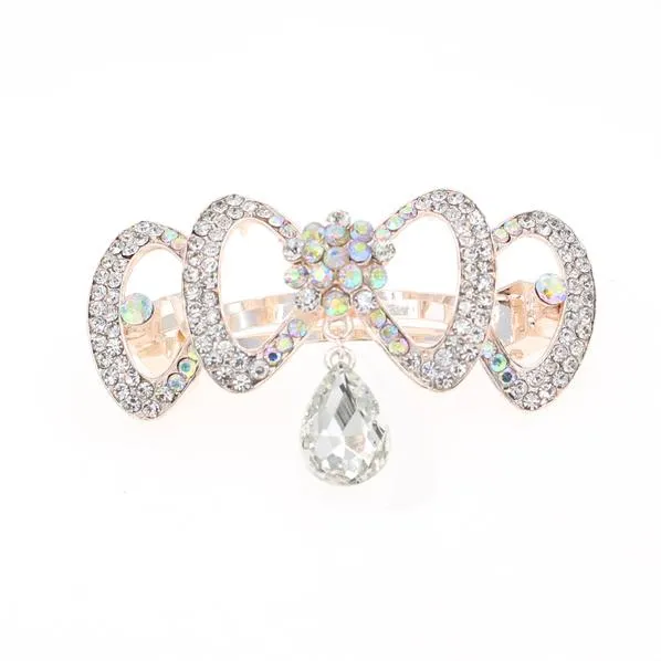 Gold Finish Rhinestone Hair Barrette Bow with Teardrop