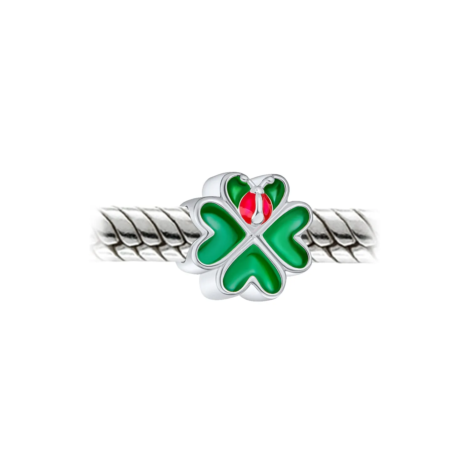 Good Luck Lady Bug Shamrock Enamel Green Clover Charm Bead .925 Silver
