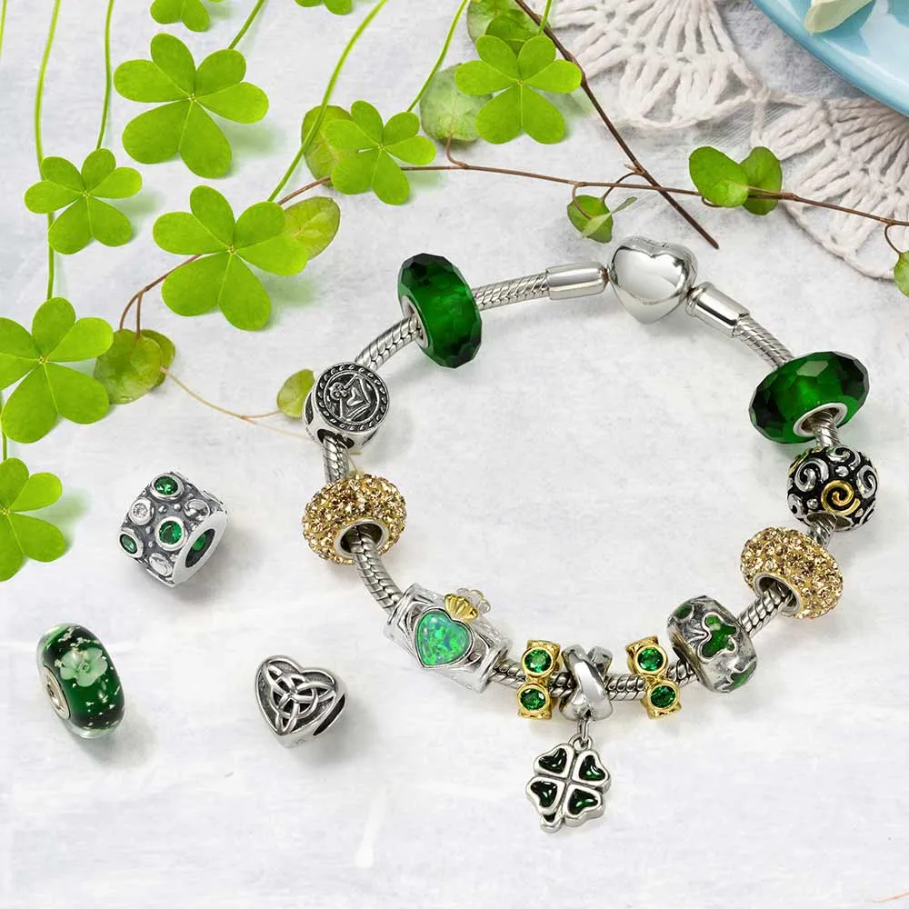 Good Luck Lady Bug Shamrock Enamel Green Clover Charm Bead .925 Silver