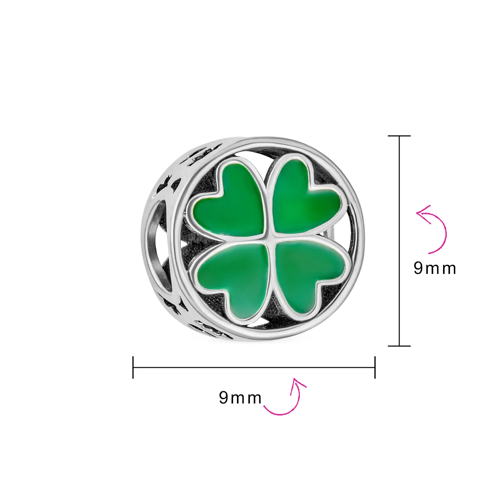 Good Luck Lady Bug Shamrock Enamel Green Clover Charm Bead .925 Silver