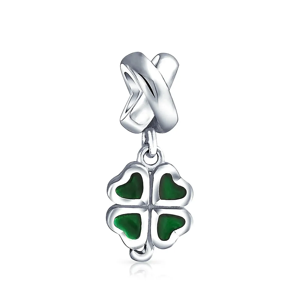 Good Luck Lady Bug Shamrock Enamel Green Clover Charm Bead .925 Silver