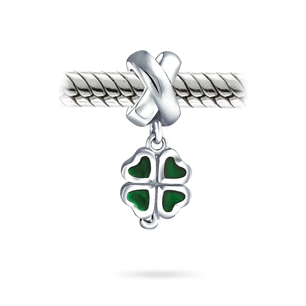 Good Luck Lady Bug Shamrock Enamel Green Clover Charm Bead .925 Silver