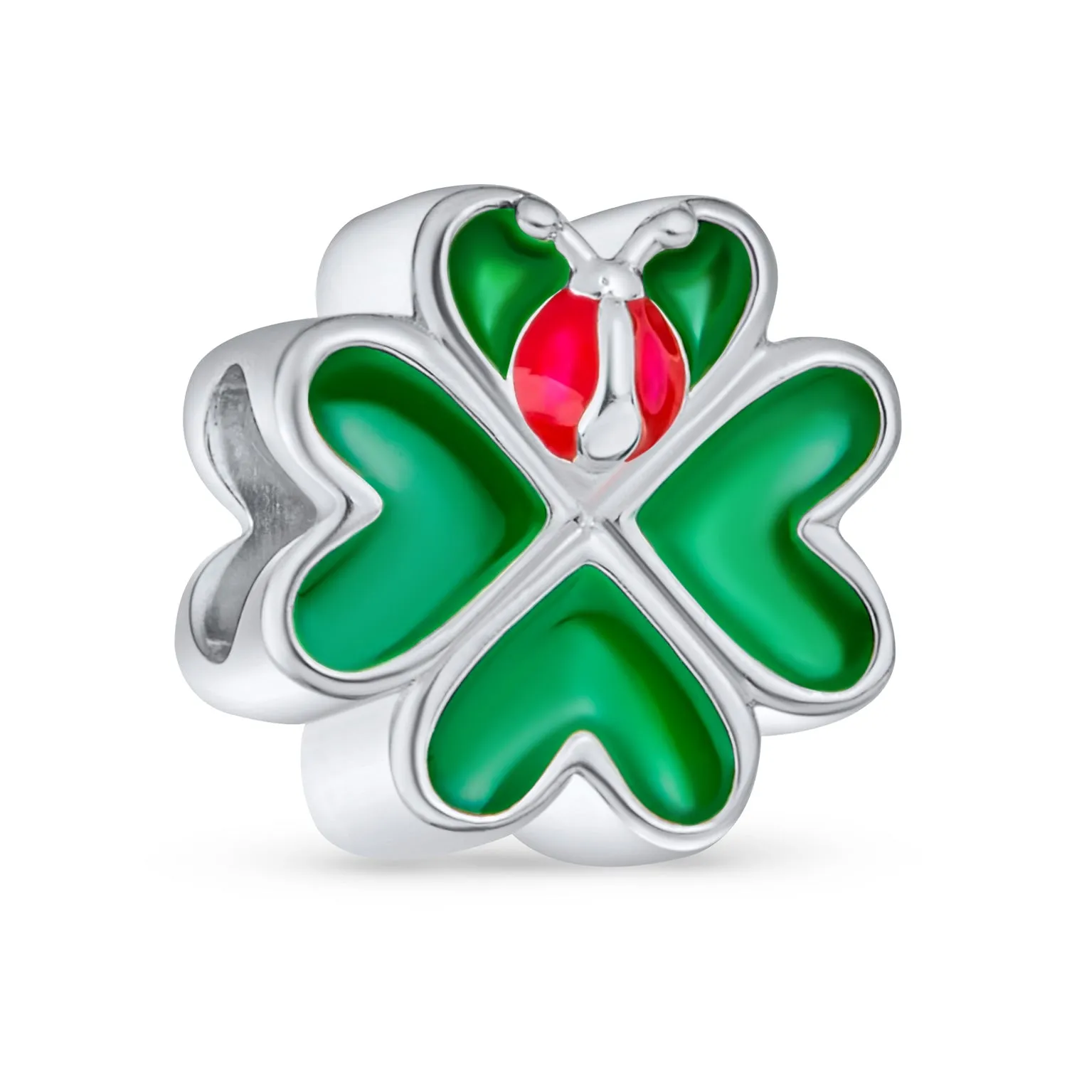 Good Luck Lady Bug Shamrock Enamel Green Clover Charm Bead .925 Silver