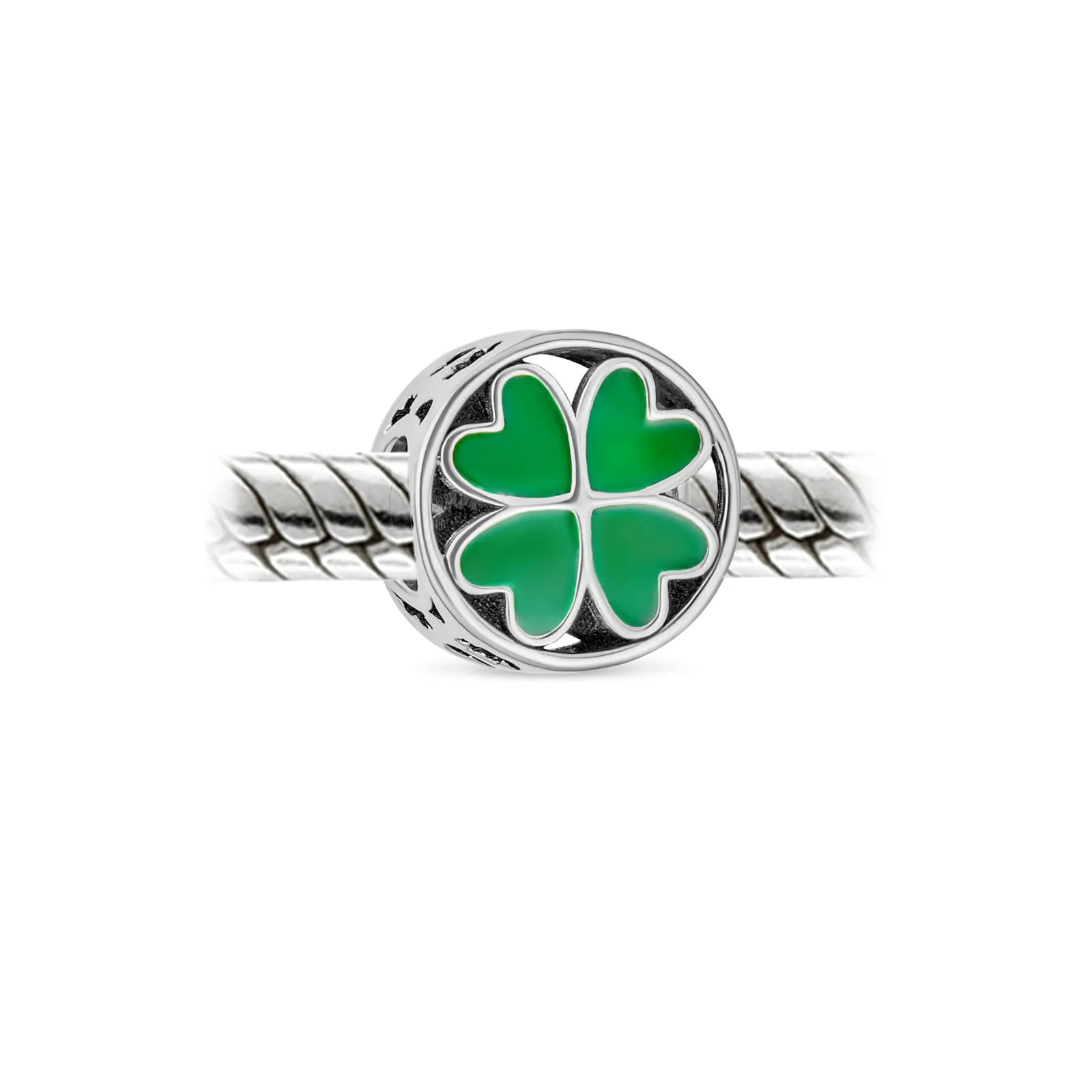 Good Luck Lady Bug Shamrock Enamel Green Clover Charm Bead .925 Silver