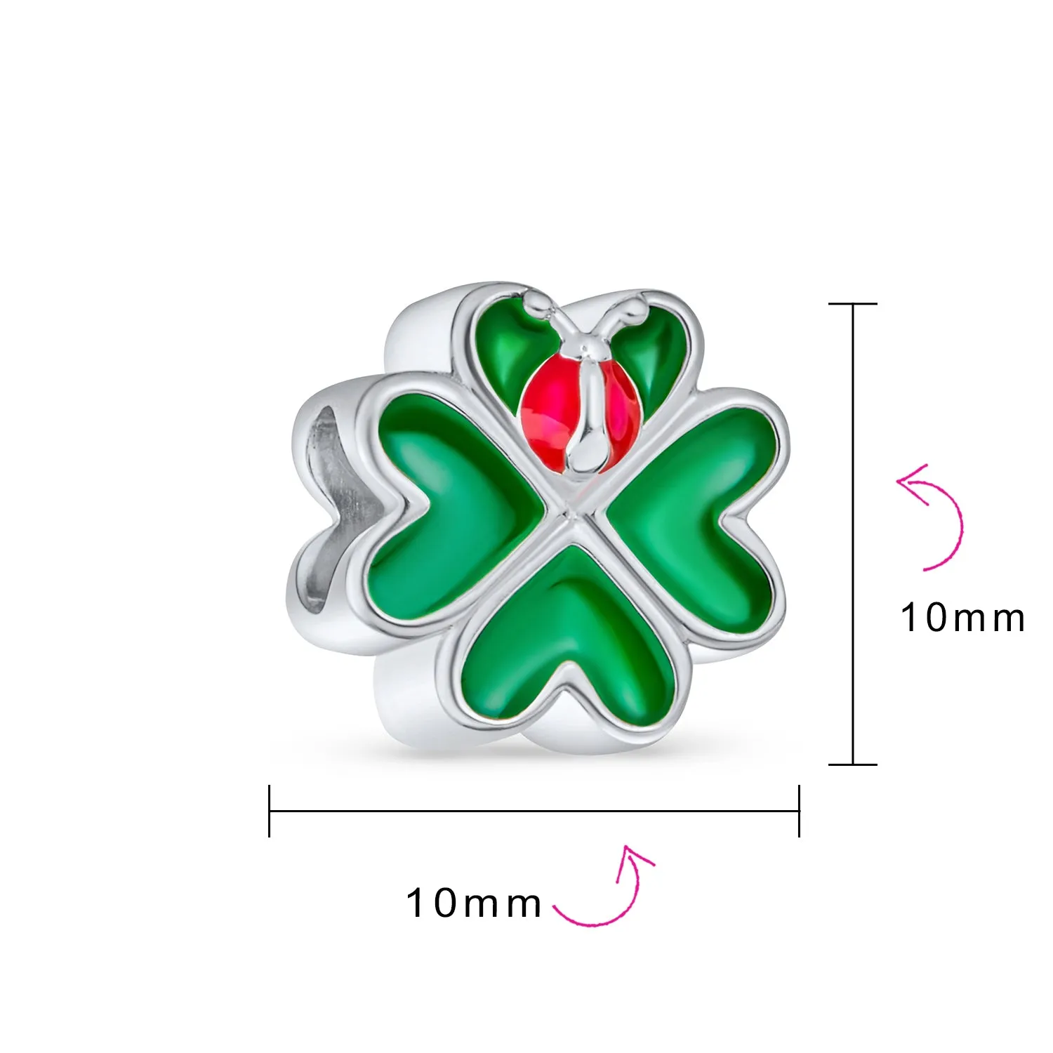 Good Luck Lady Bug Shamrock Enamel Green Clover Charm Bead .925 Silver