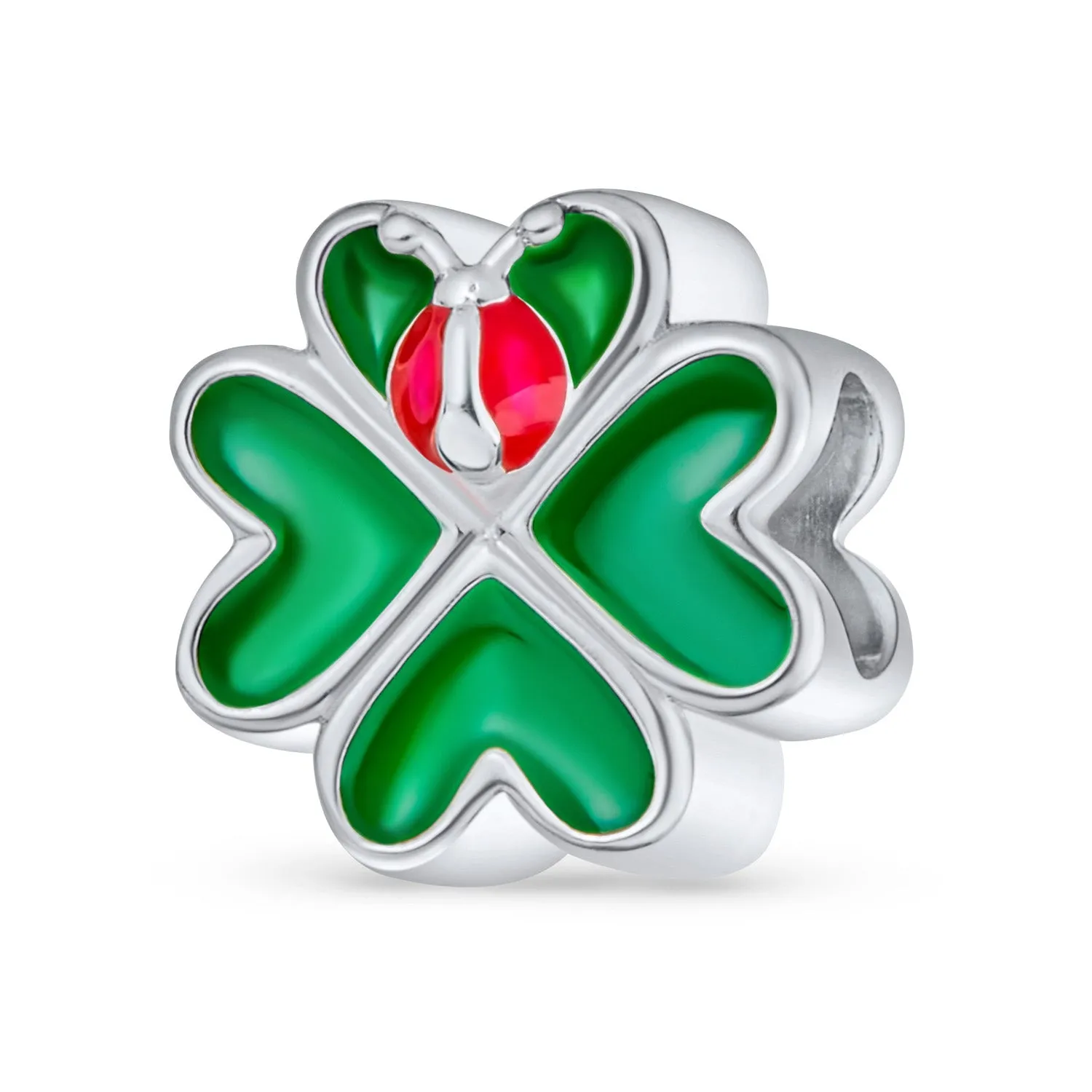 Good Luck Lady Bug Shamrock Enamel Green Clover Charm Bead .925 Silver