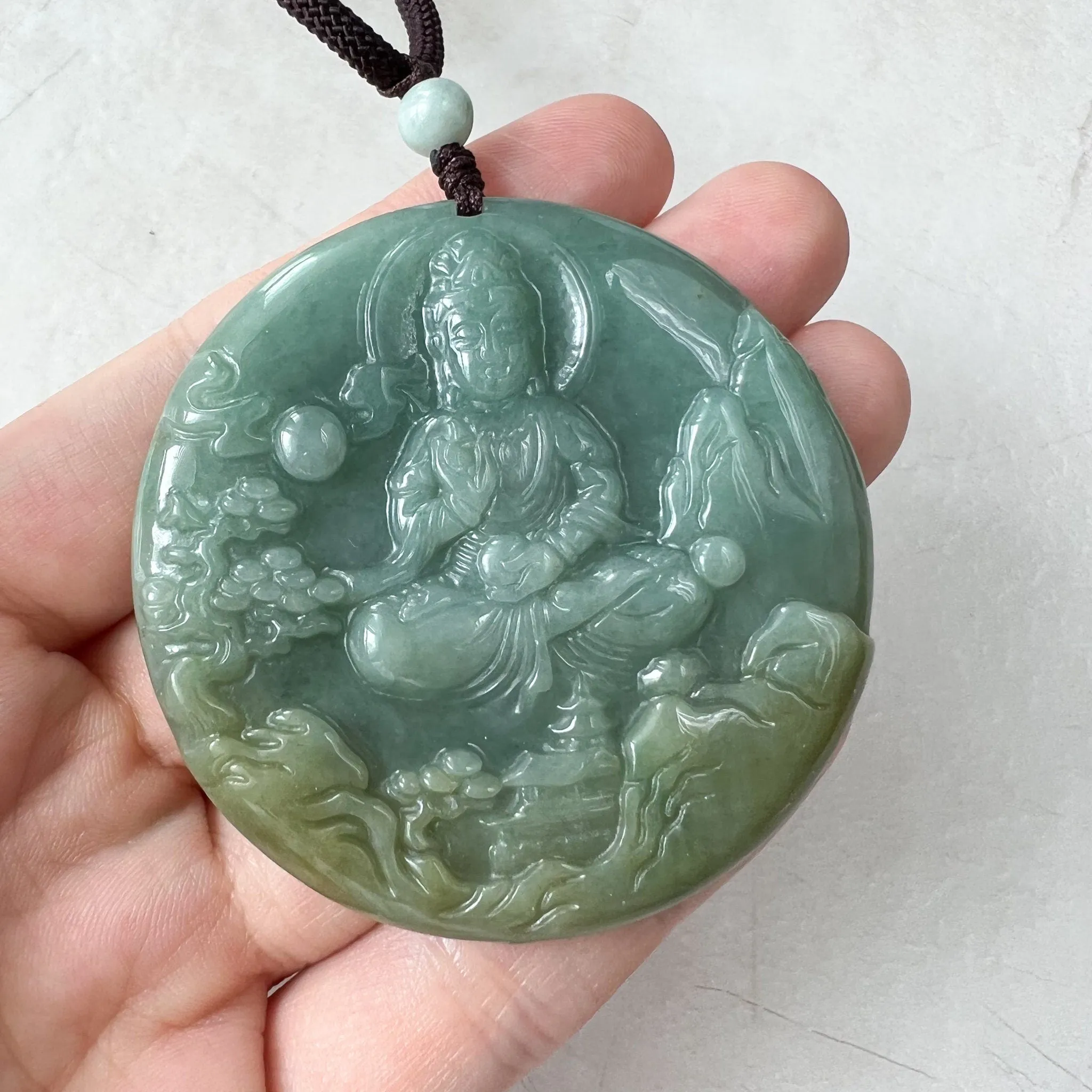 Green Jadeite Jade Guan Yin Avalokiteshvara Hand Carved Pendant Necklace, YJ-0322-0315224