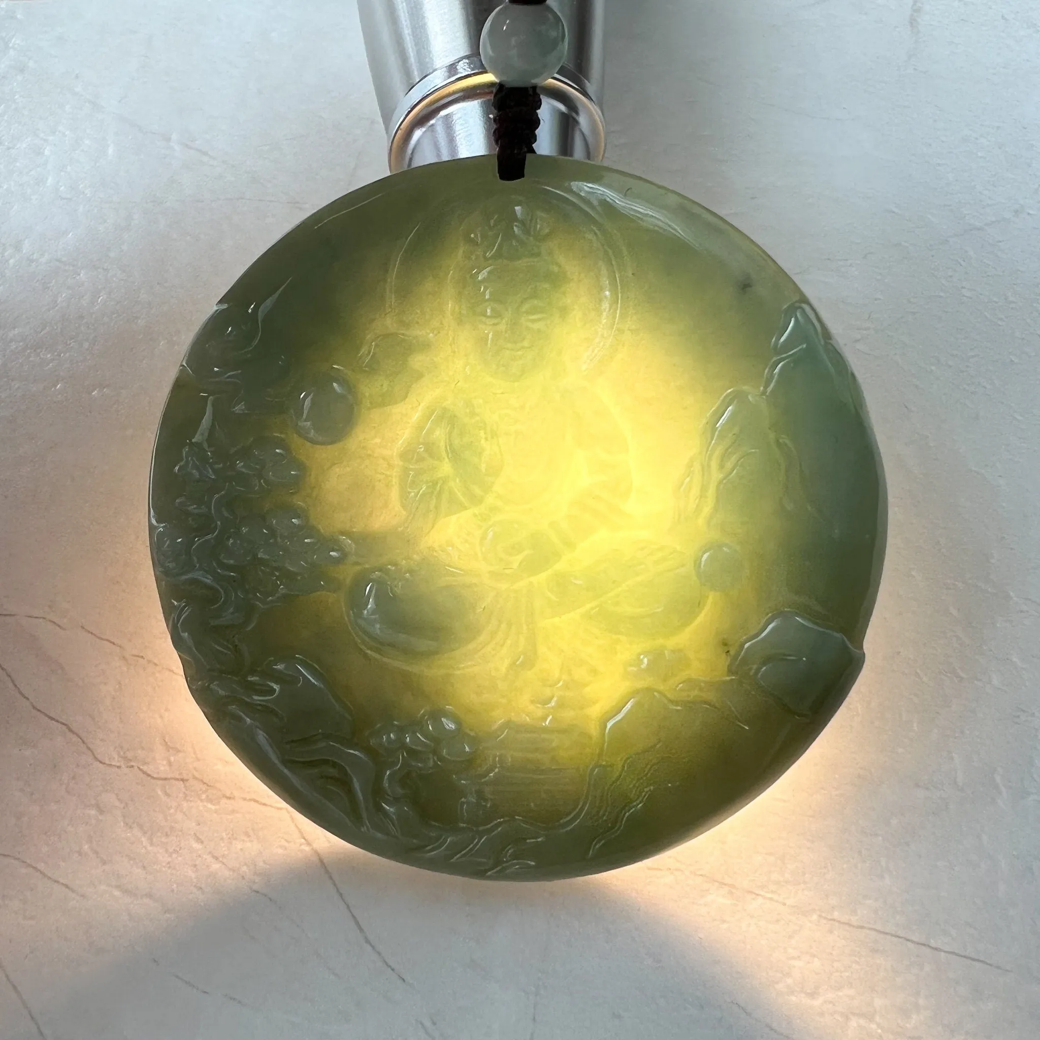 Green Jadeite Jade Guan Yin Avalokiteshvara Hand Carved Pendant Necklace, YJ-0322-0315224