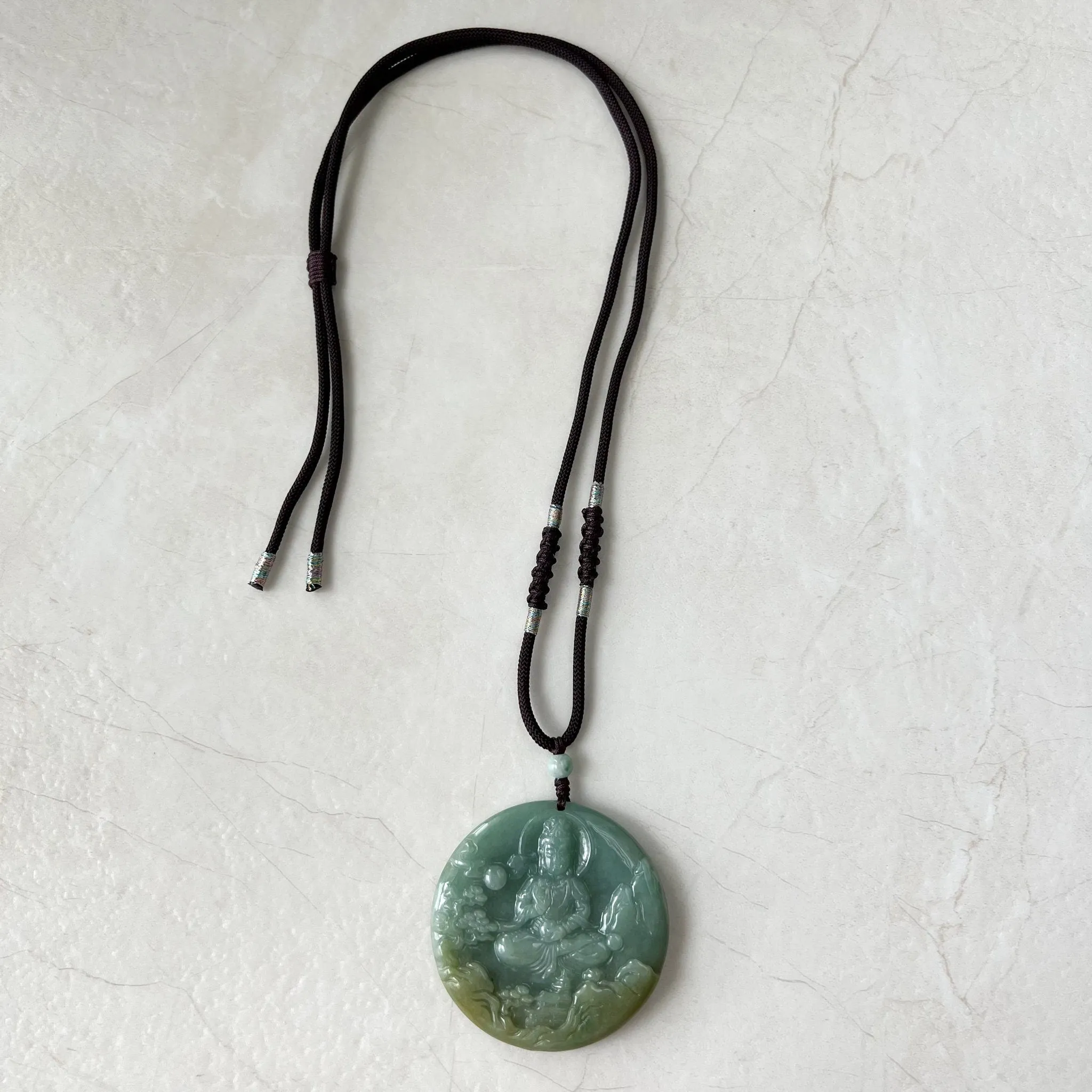 Green Jadeite Jade Guan Yin Avalokiteshvara Hand Carved Pendant Necklace, YJ-0322-0315224